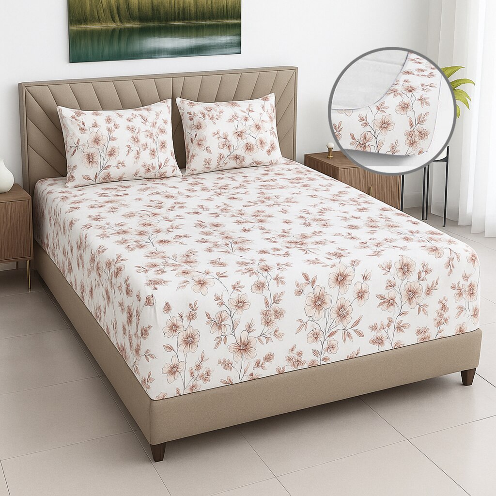 Cream Floral 400 TC Cotton Fitted Queen Bed Size Bedsheet With 2 Pilllow Covers  Threads