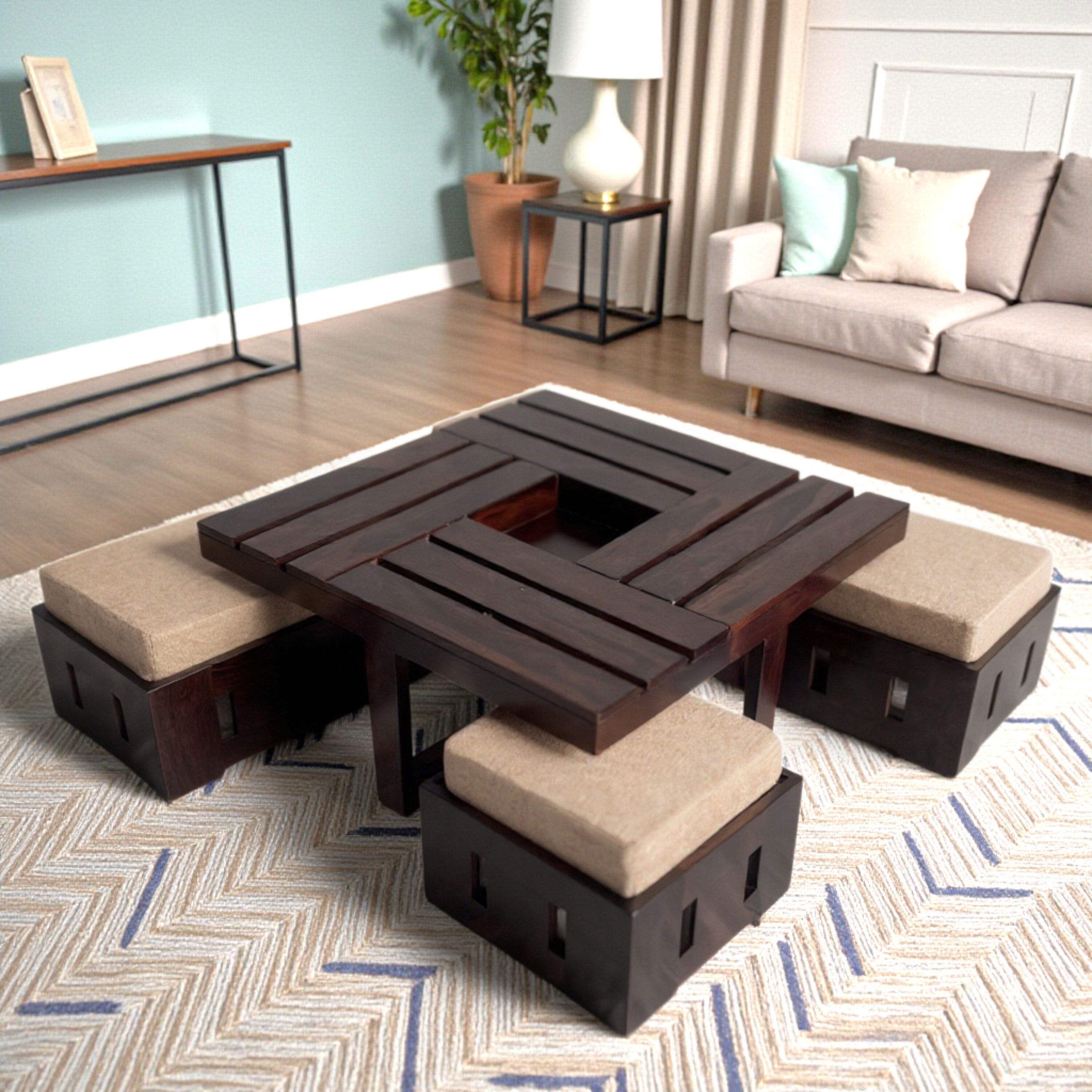 Palladio Sheesham Wood Accent Coffee Table Set With 4 Stools In Provincial Teak Finish With Jute Beige Cushions