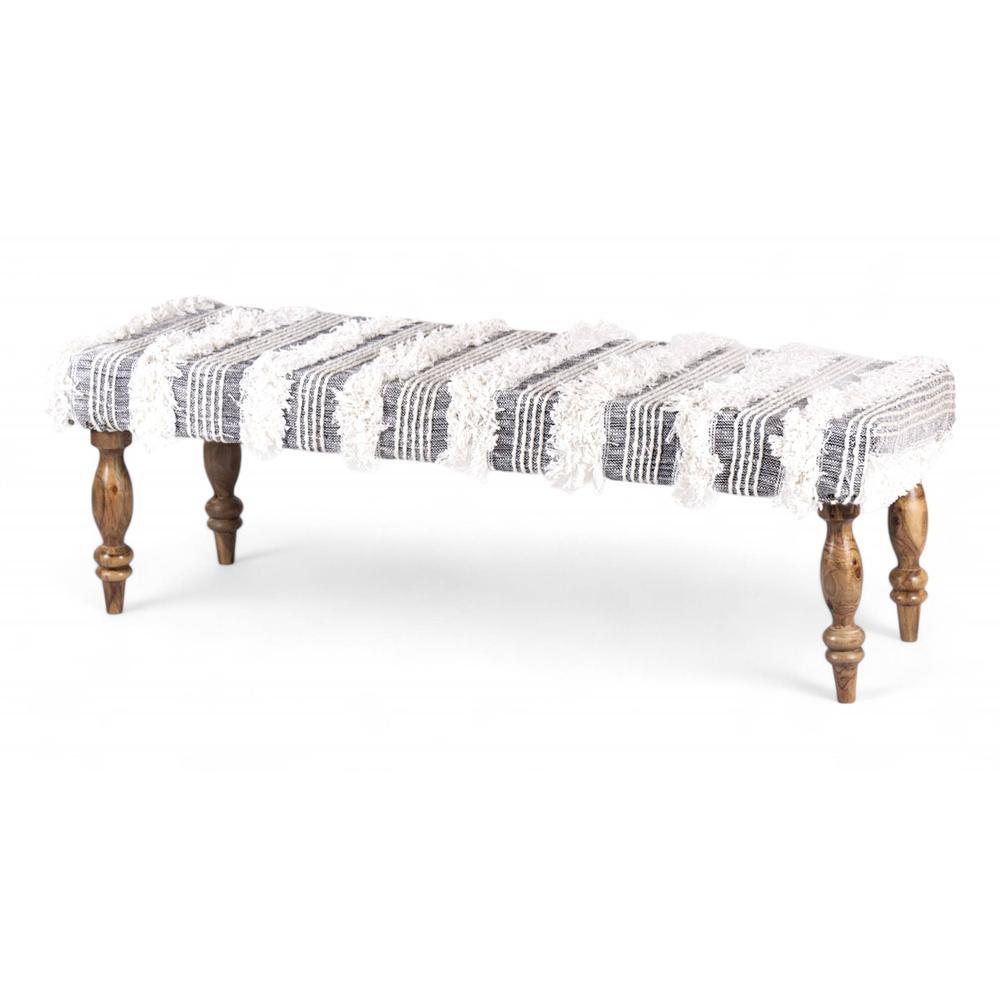 Cairo Sheesham Wood Accent 3 Seater Bench In Grey Fabric