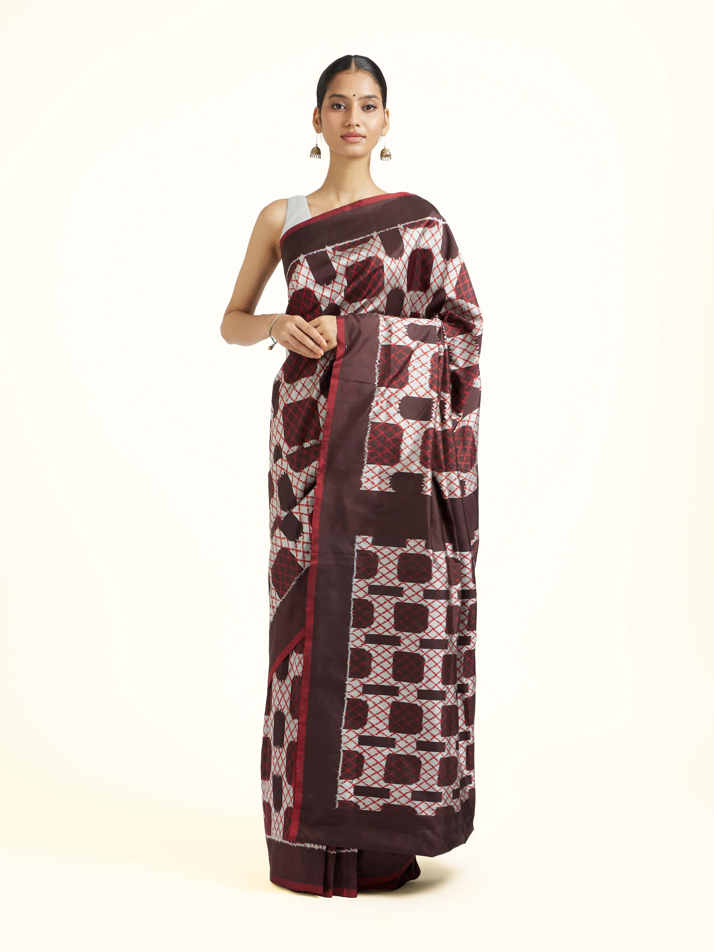 Dark Brown Silk Pochampally Single Ikat Saree