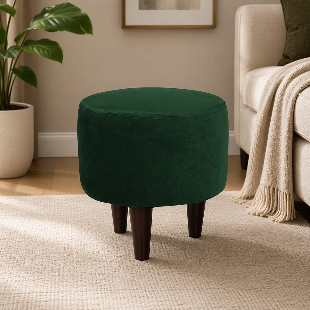 Doe Buck Velvet Round Ottoman Stool in Green Colour with Wooden Legs - Doe Buck