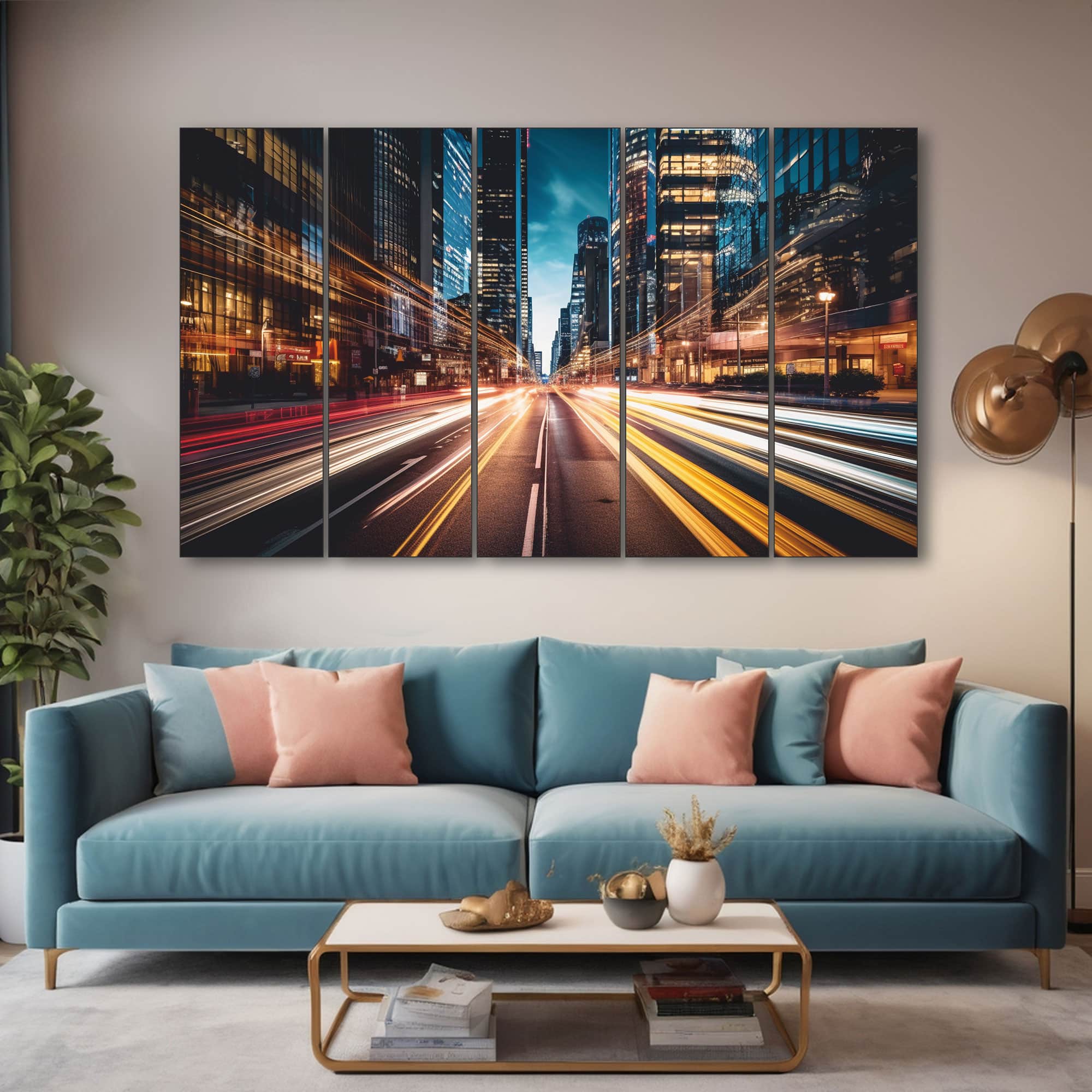 The Castle Decor Fast Moving City Wall Art Set of 5 Wooden Framed Digital Painting 27x48 Inch - The Castle Decor