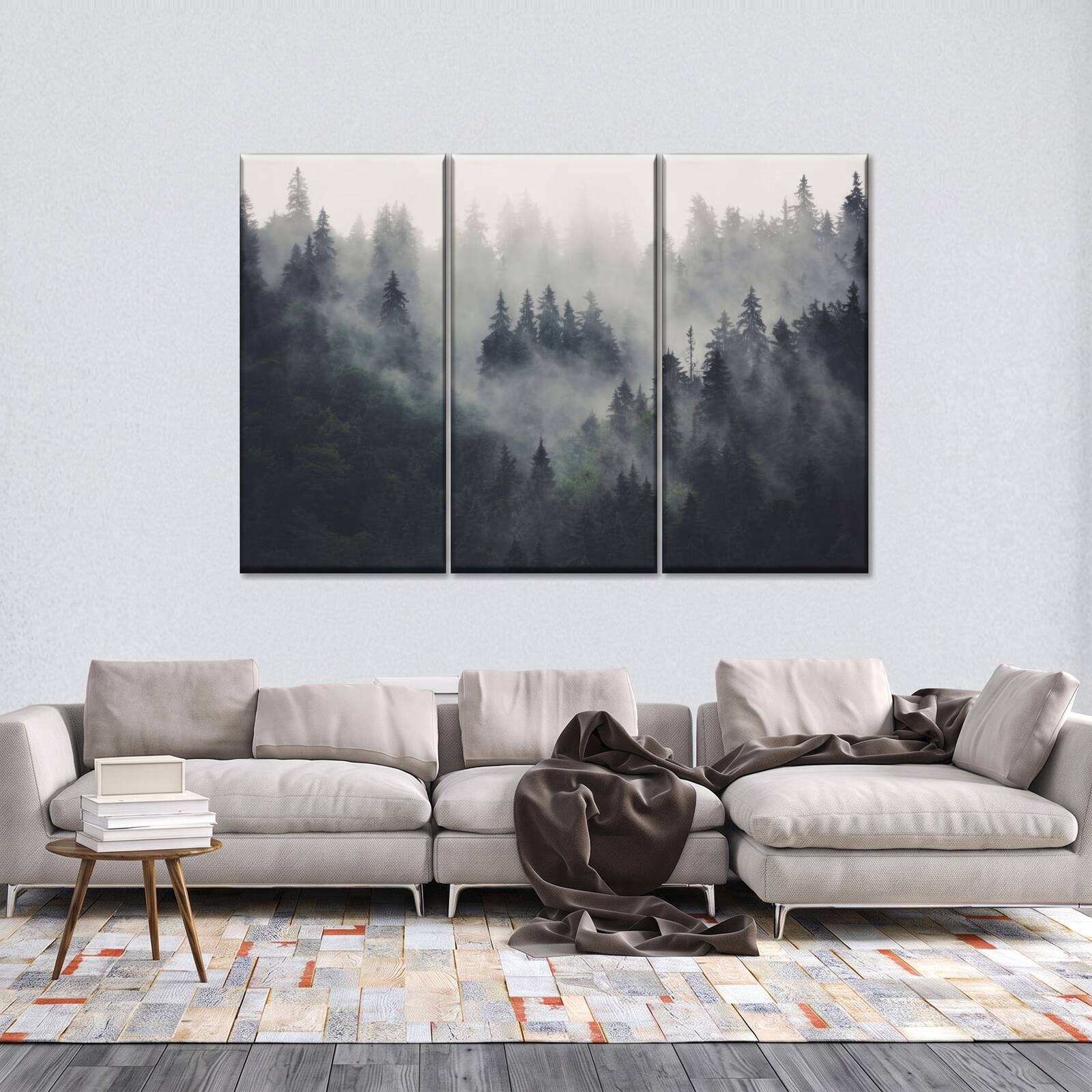 Truss Black Grey Pieces Misty Forest Mountain Canvas Canvas Wall Prints Set of 3 Multicolor Matte