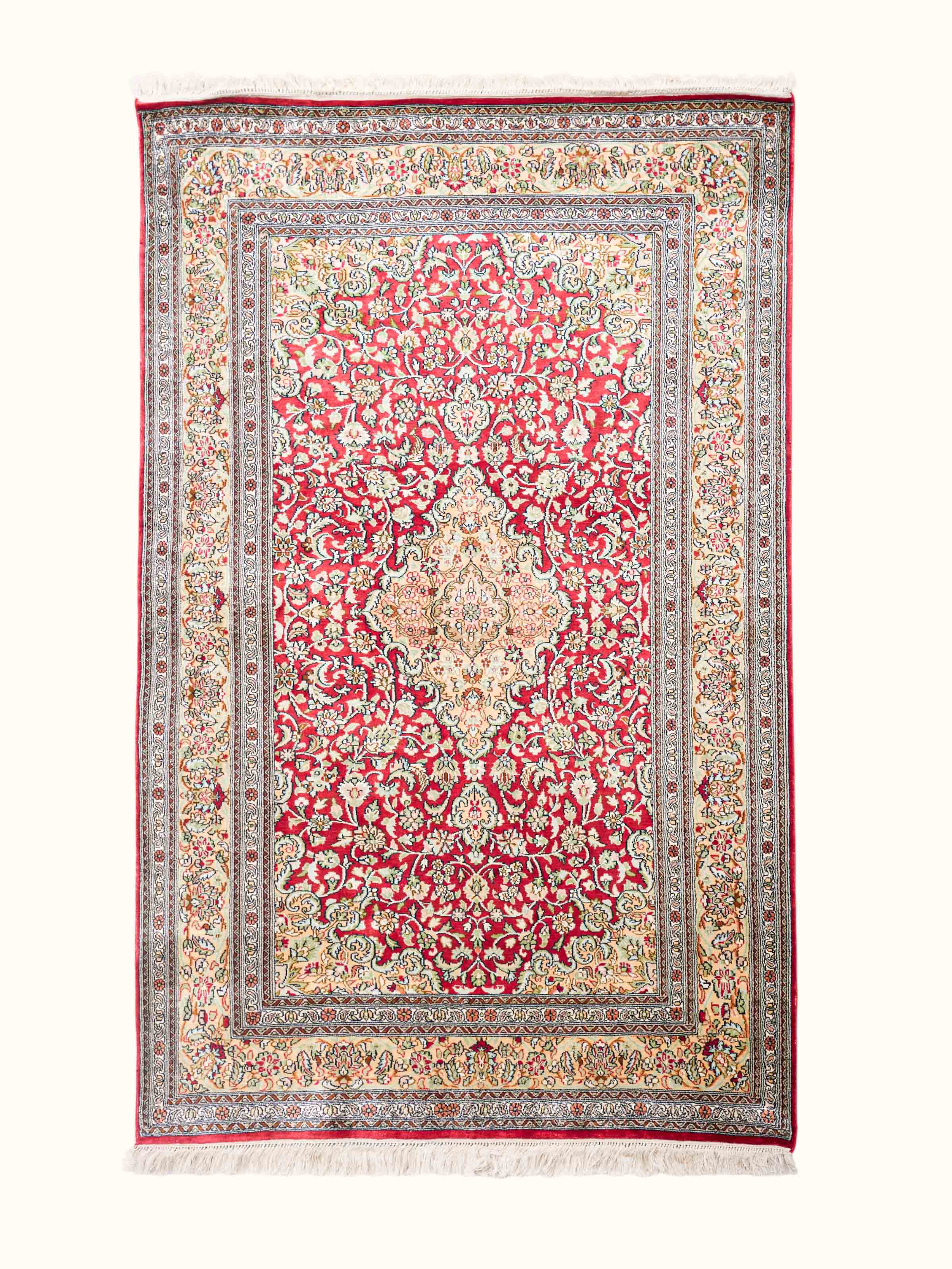 Traditional Persian Red Ivory Kashan Kashmir Silk Hand-Knotted Carpet