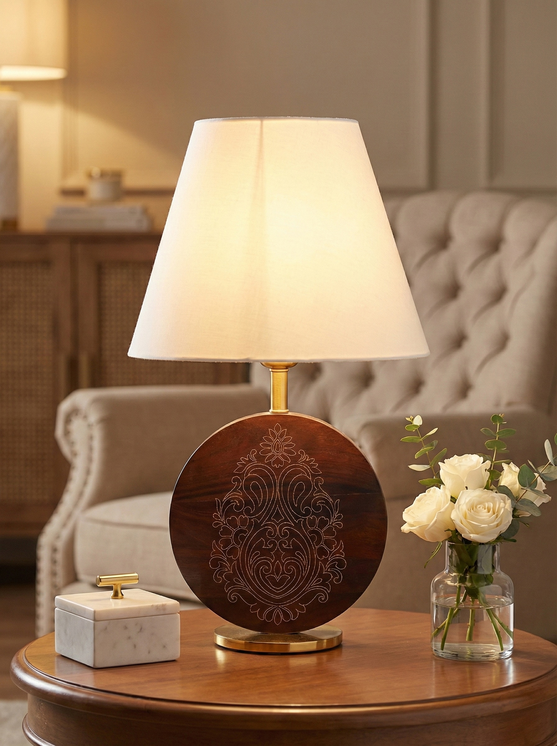 Lifestyle view of Tarkashi Sheesham Wood & Brass Table Lamp