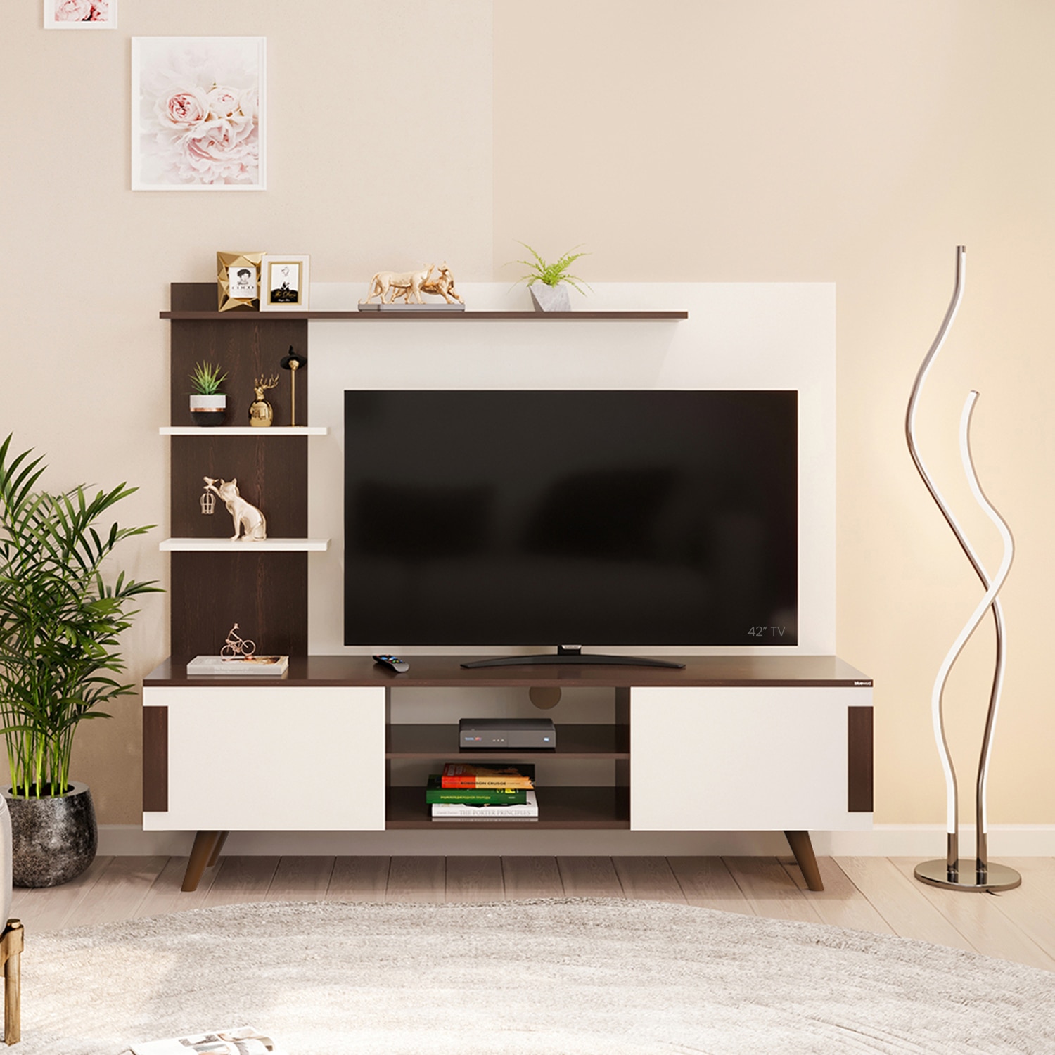 BLUEWUD Rowlet Mini Engineering Wood Floor Standing TV Entertainment Unit Set Top Box Stand/TV Cabinet Panel with Shelves for Books & D�cor Display Unit Bed Living Room Upto 42 Inches (Wenge & White)