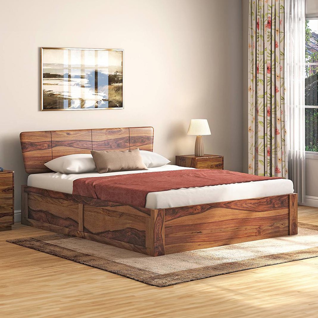 Marieta Solid Wood Queen Size Hydraulic Storage Bed In Teak Finish