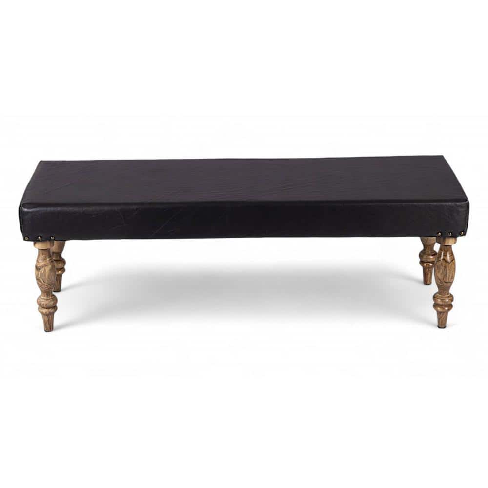 Cairo Sheesham Wood Accent 3 Seater Bench In Black Leatherite