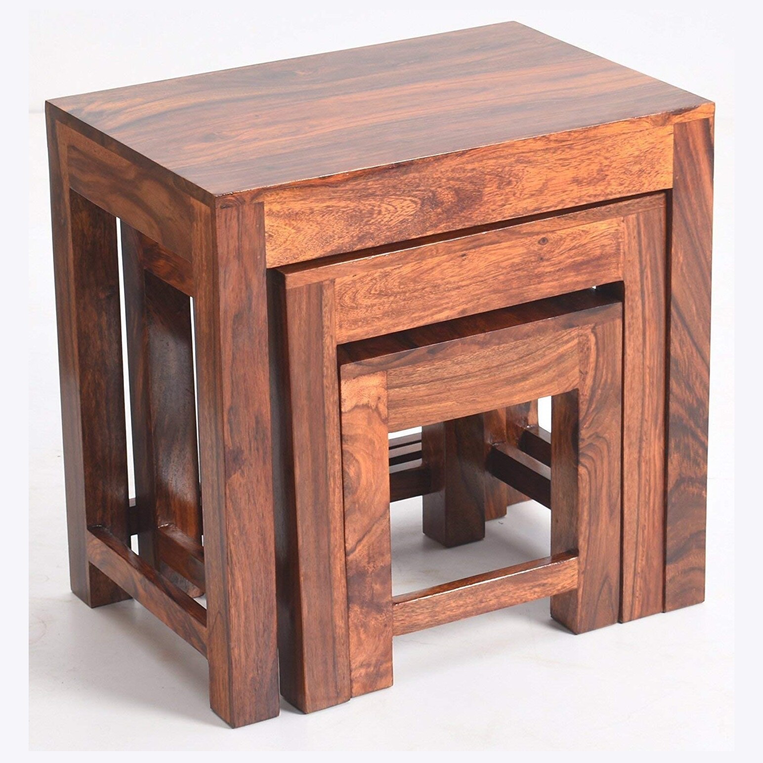 Meridian Solid Wood Set of 3 Stool in Teak Finish
