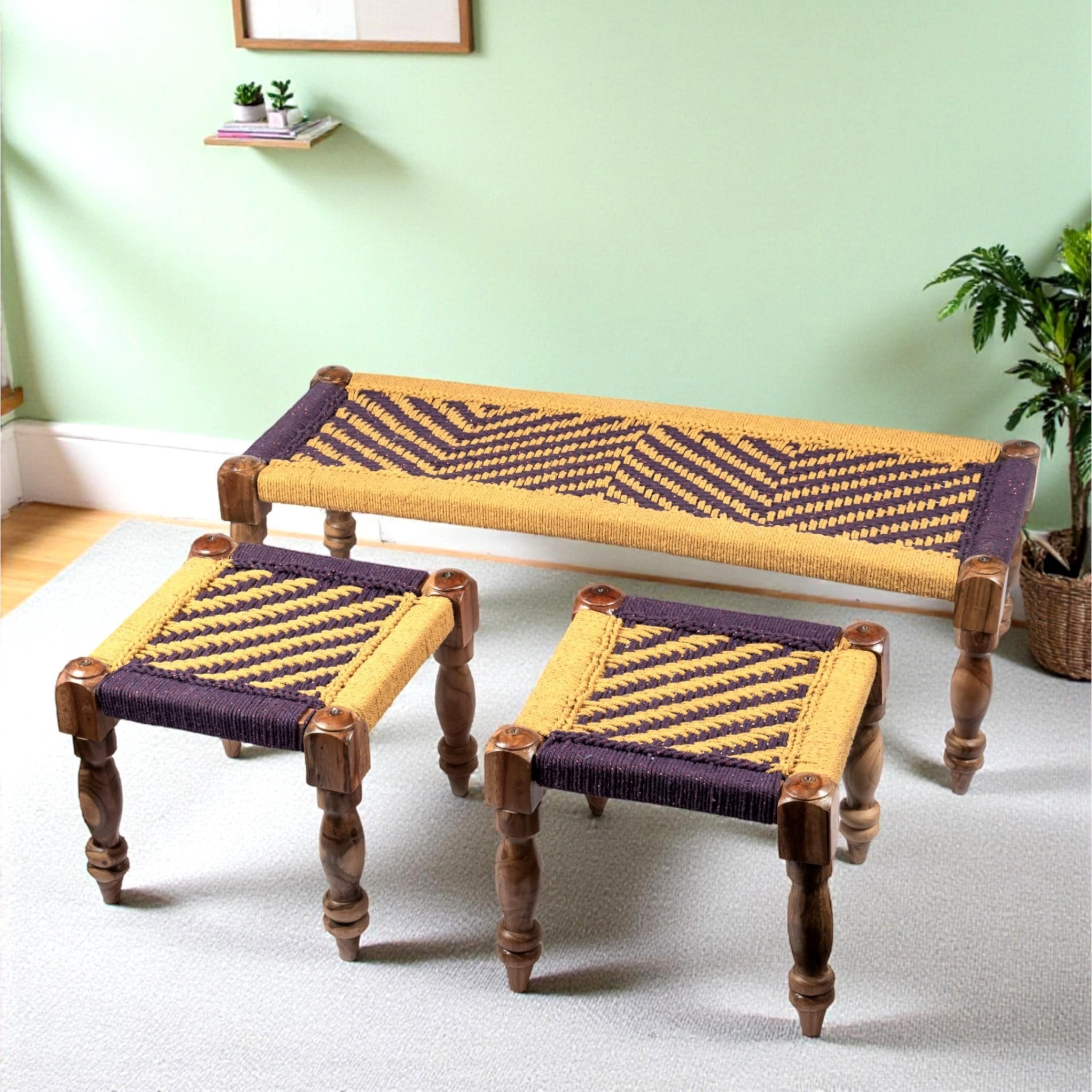 Hamilton Solid Wood Maachi Bench set with 2 Stools in Purple & Yellow Canning