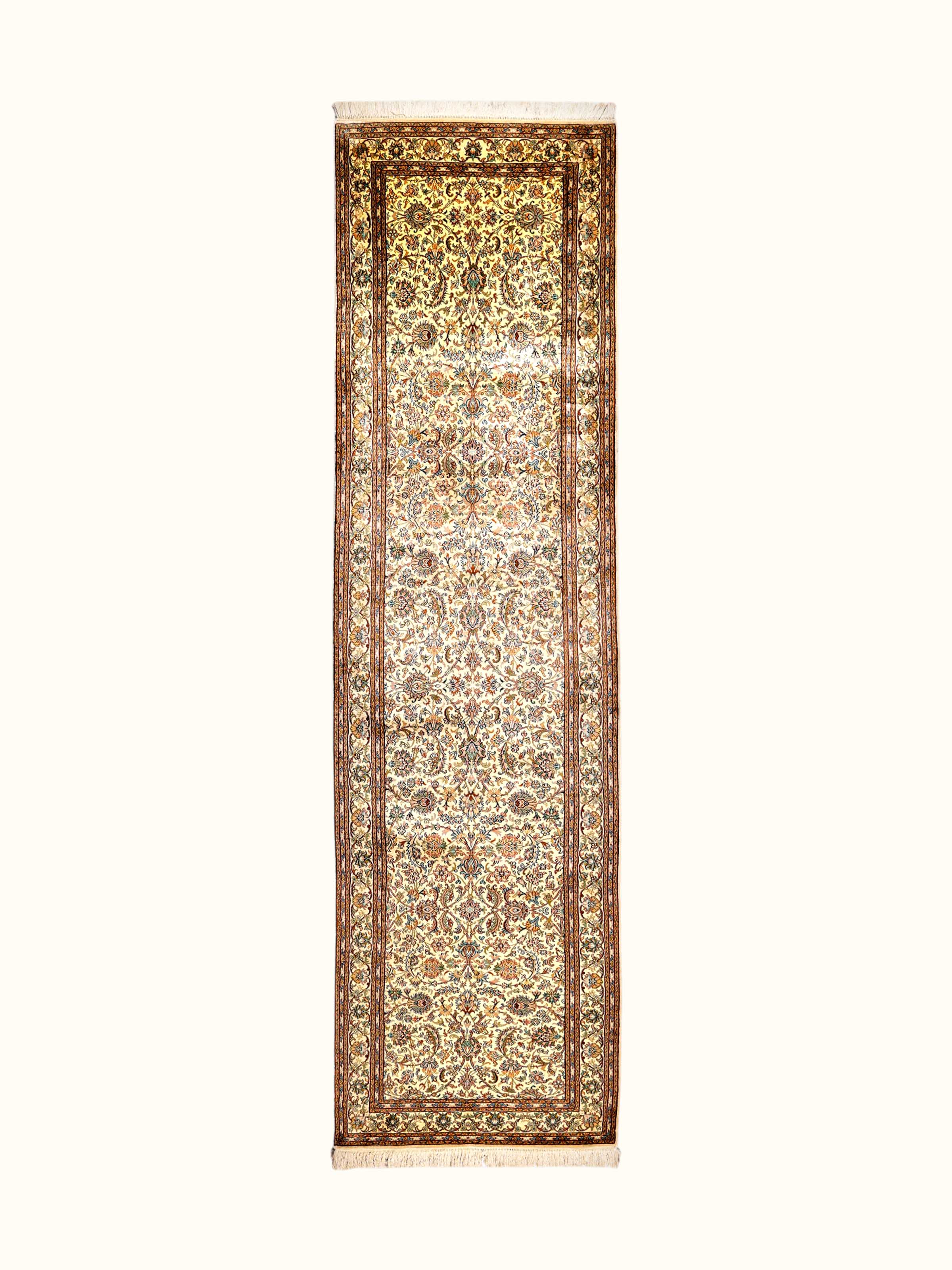 Traditional Persian Off-White Allover Kashmir Silk Hand-knotted Runner