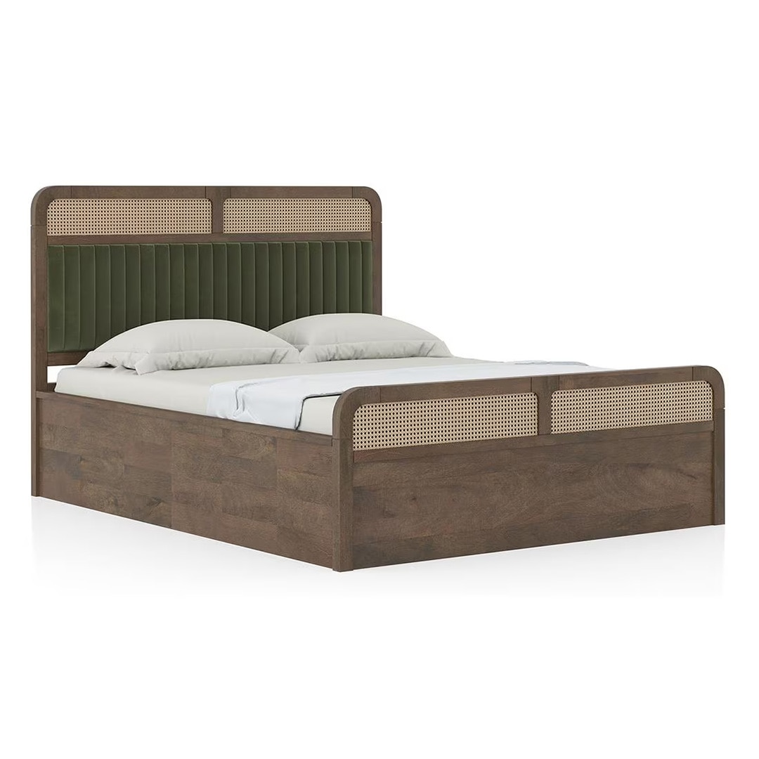 Hanoi Solid Wood Cane Queen Size Hydraulic Storage Bed In Danish Walnut Finish with Deep Olive Colour
