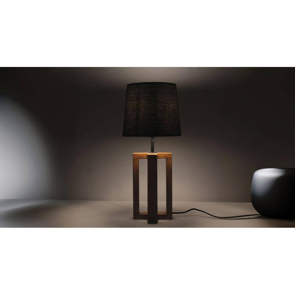 Criss Cross Brown Wooden Table Lamp with Yellow Printed Fabric Lampshade
