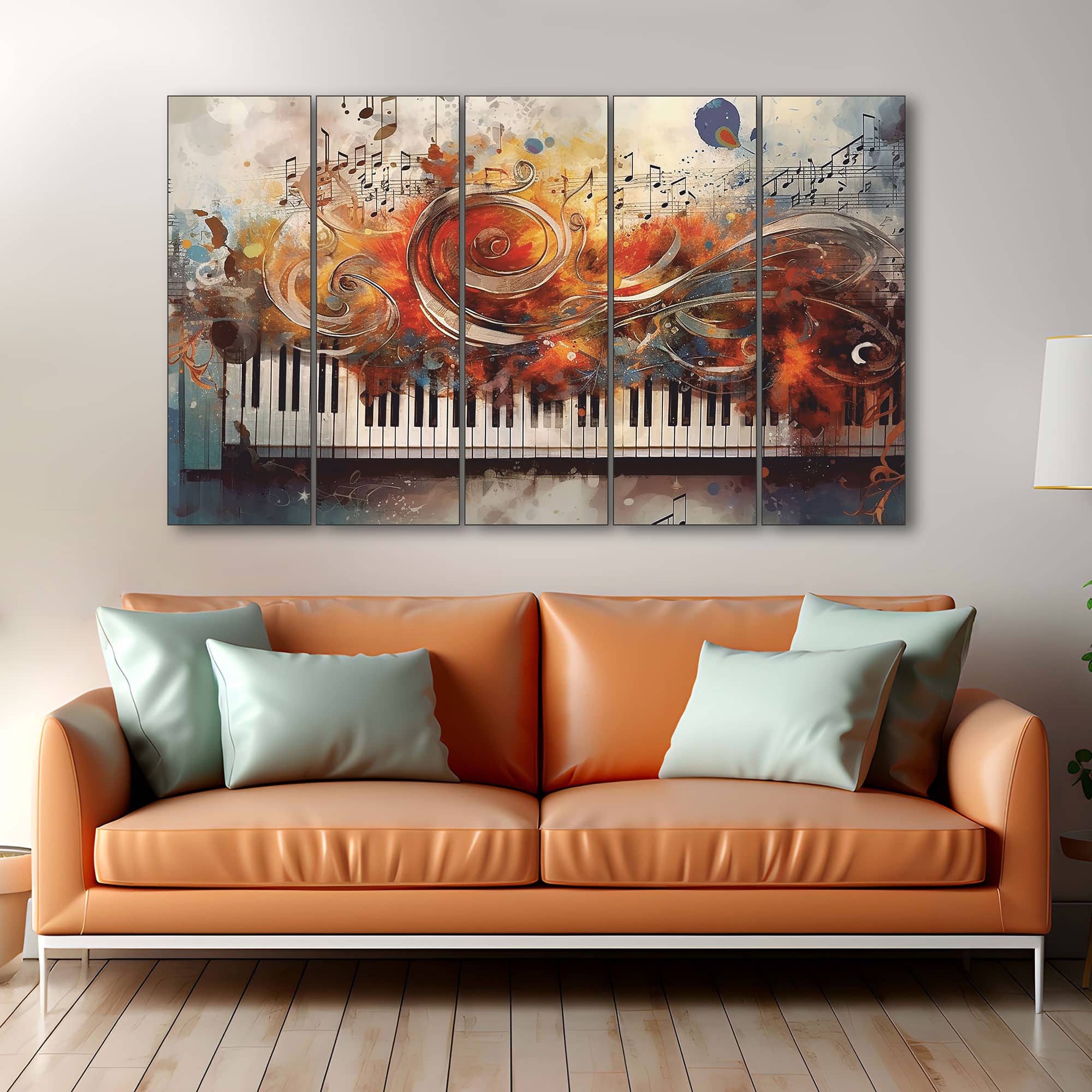 The Castle Decor Music Piano Wall Art Set of 5 Wooden Framed Digital Painting 27x48 Inch - The Castle Decor