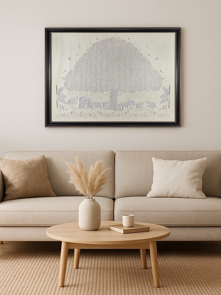 Lifestyle view of Sanjhi Paper Stencil Elephants under Banyan Tree Wall Art