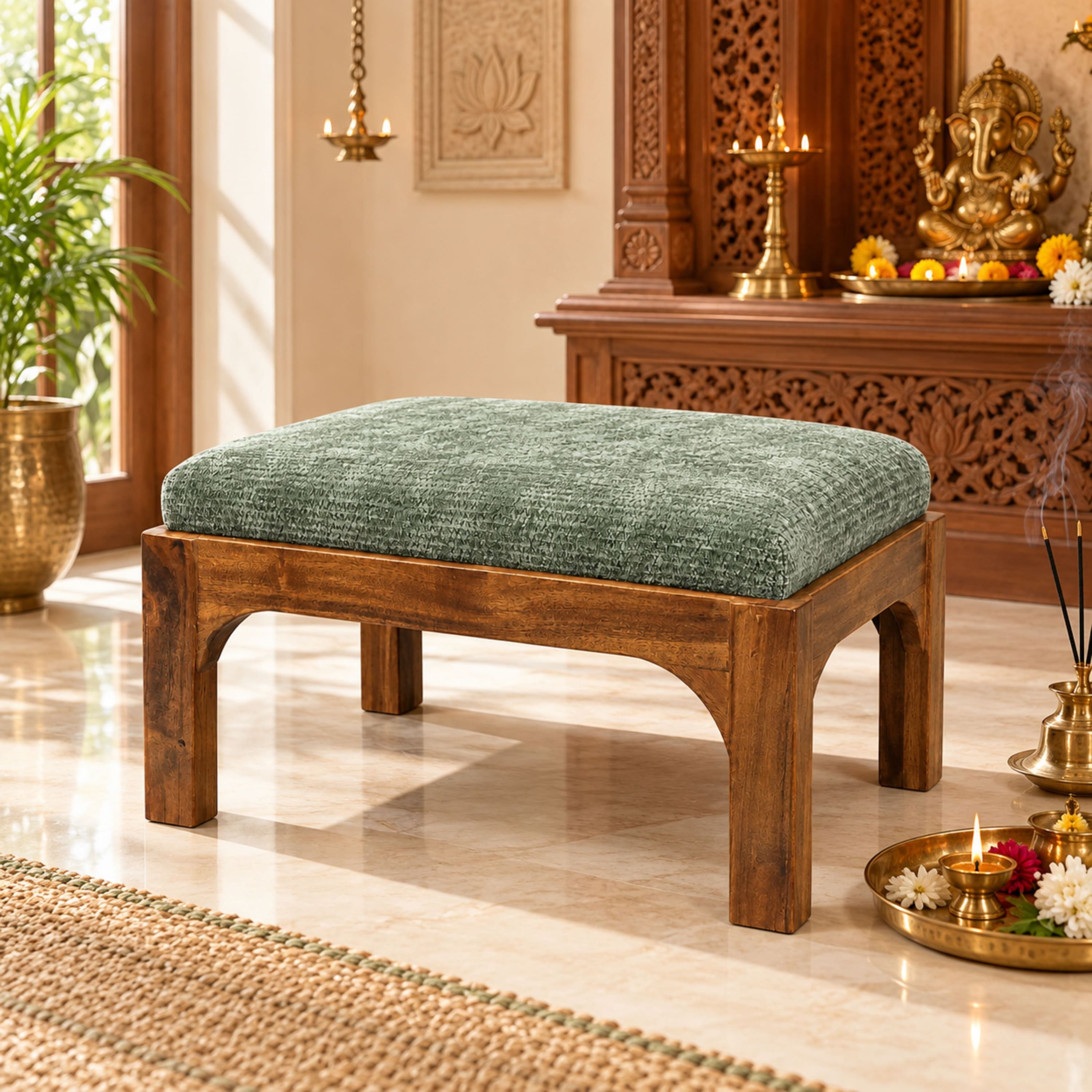 Nivara Solid Sheesham Wood Upholstered Pooja Chowki Sage Green Provincial Teak Finish