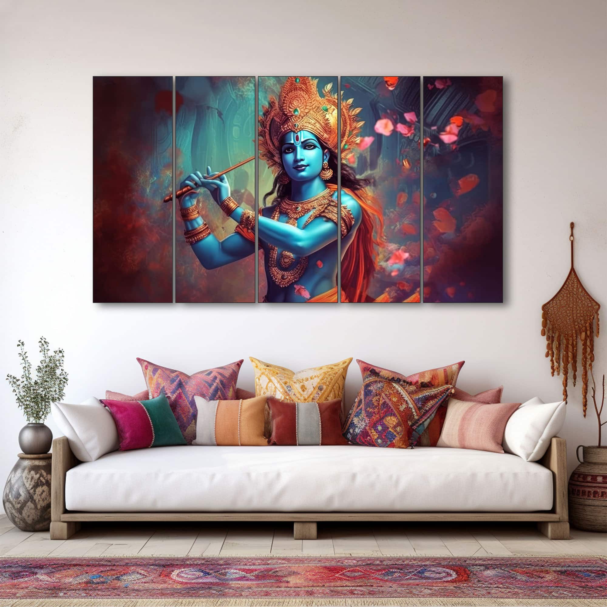 The Castle Decor Krishna Ji Wall Painting Wooden Framed 27x48 Inch (Style 36) - The Castle Decor