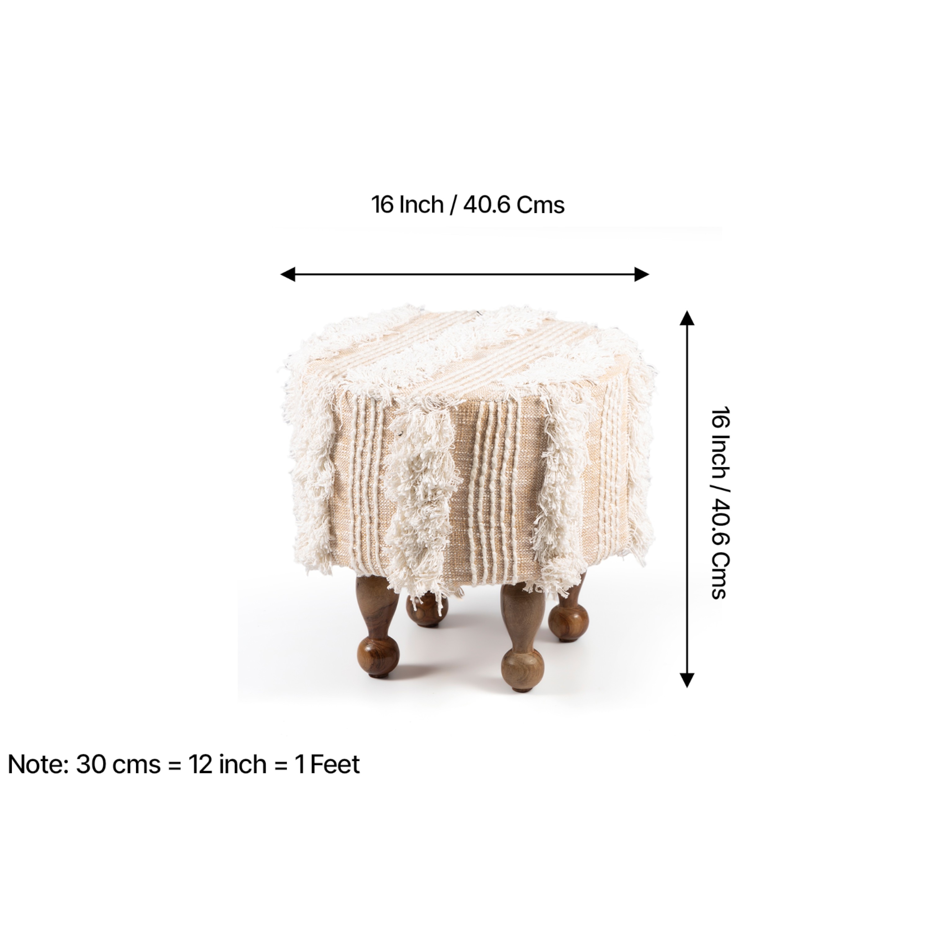 Louisville Acacia Wood Mid Century Round Pouf Stool in Beige Fabric