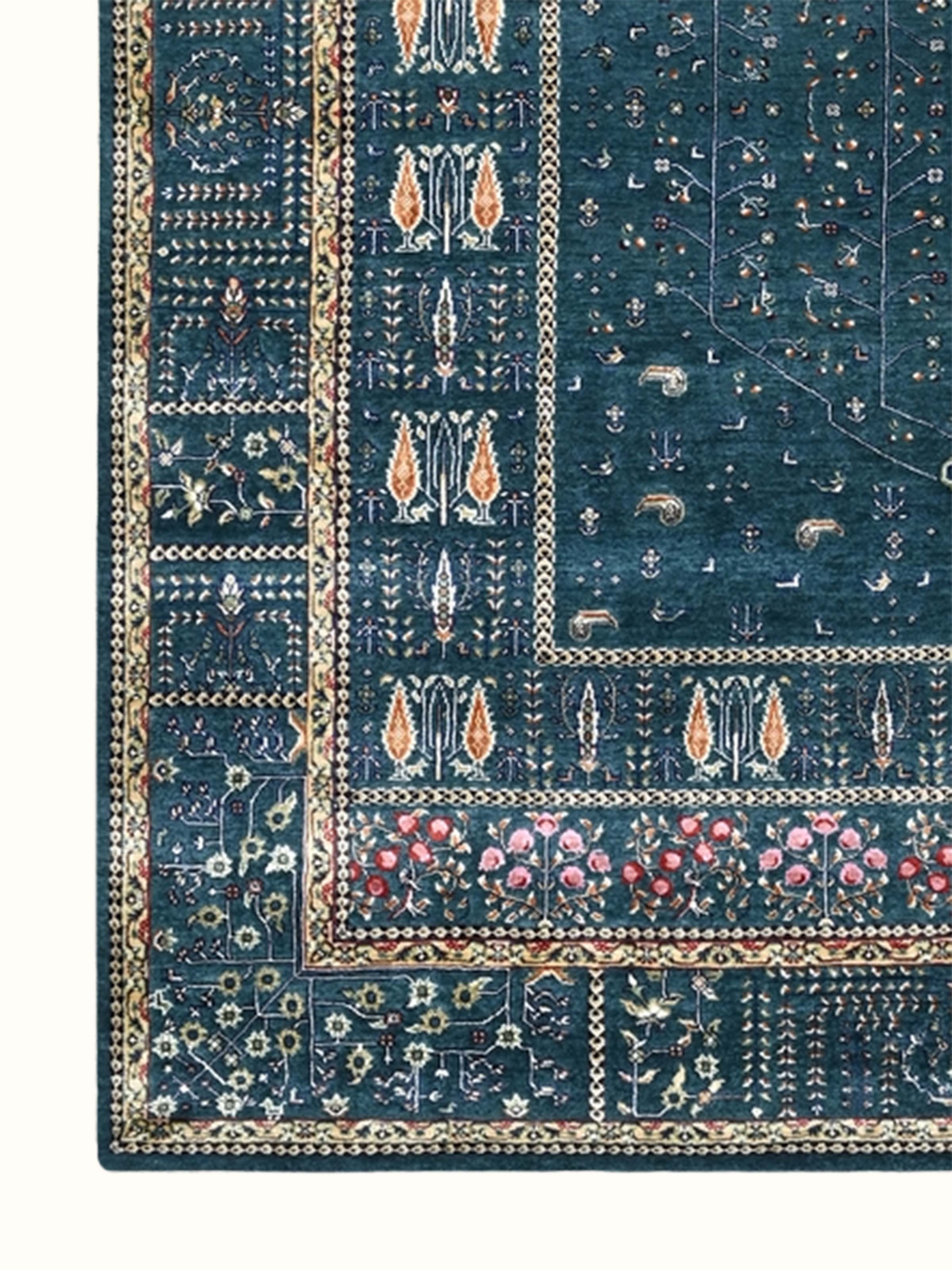 Traditional Persian Blue Rust Tree of Life Bhadohi Wool & Bamboo Silk Hand Knotted Rug
