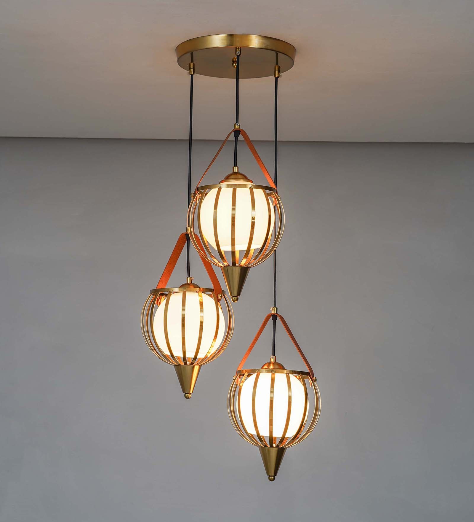 Alfie 3 Light Ceiling Pendant In Brass Finish Metal And Brown Leather With Frosted White Glass Shades