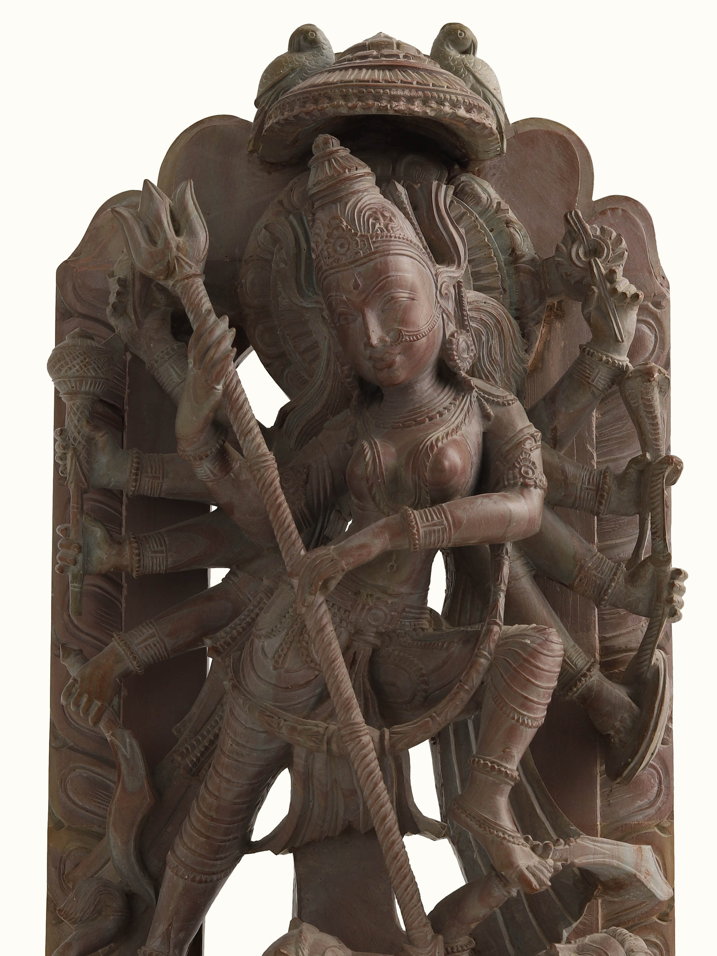 Close-up view of Stone Devi Idol, highlighting the detailed carving and natural stone texture.