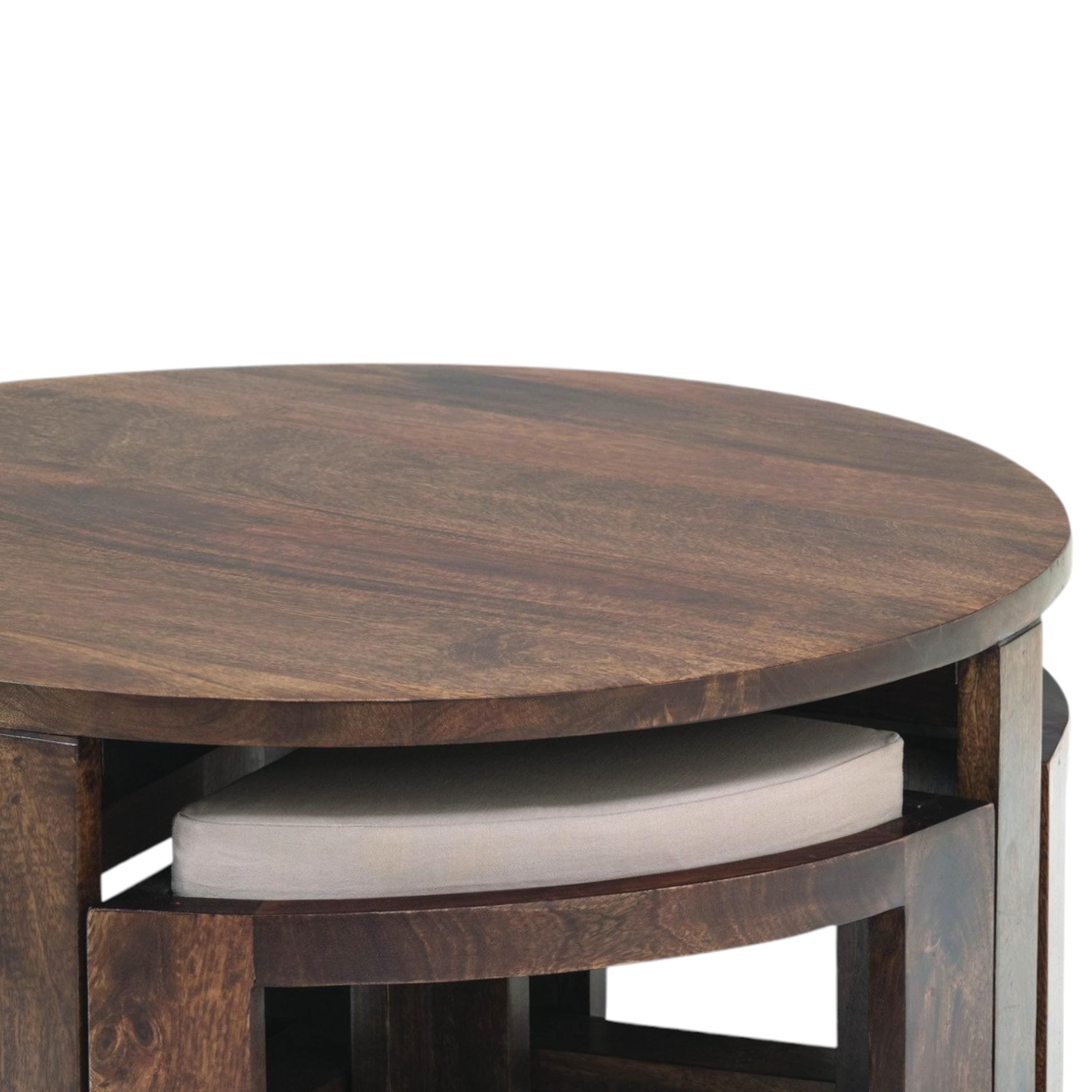 Nashville Sheesham Wood Accent Coffee Table Set With 4 Stools In Provincial Teak Finish With Beige Velvet Cushions