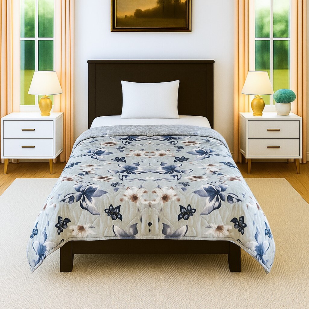 Green Floral 300 Cms Cotton Single Bed Size Comforter From Threads - Threads