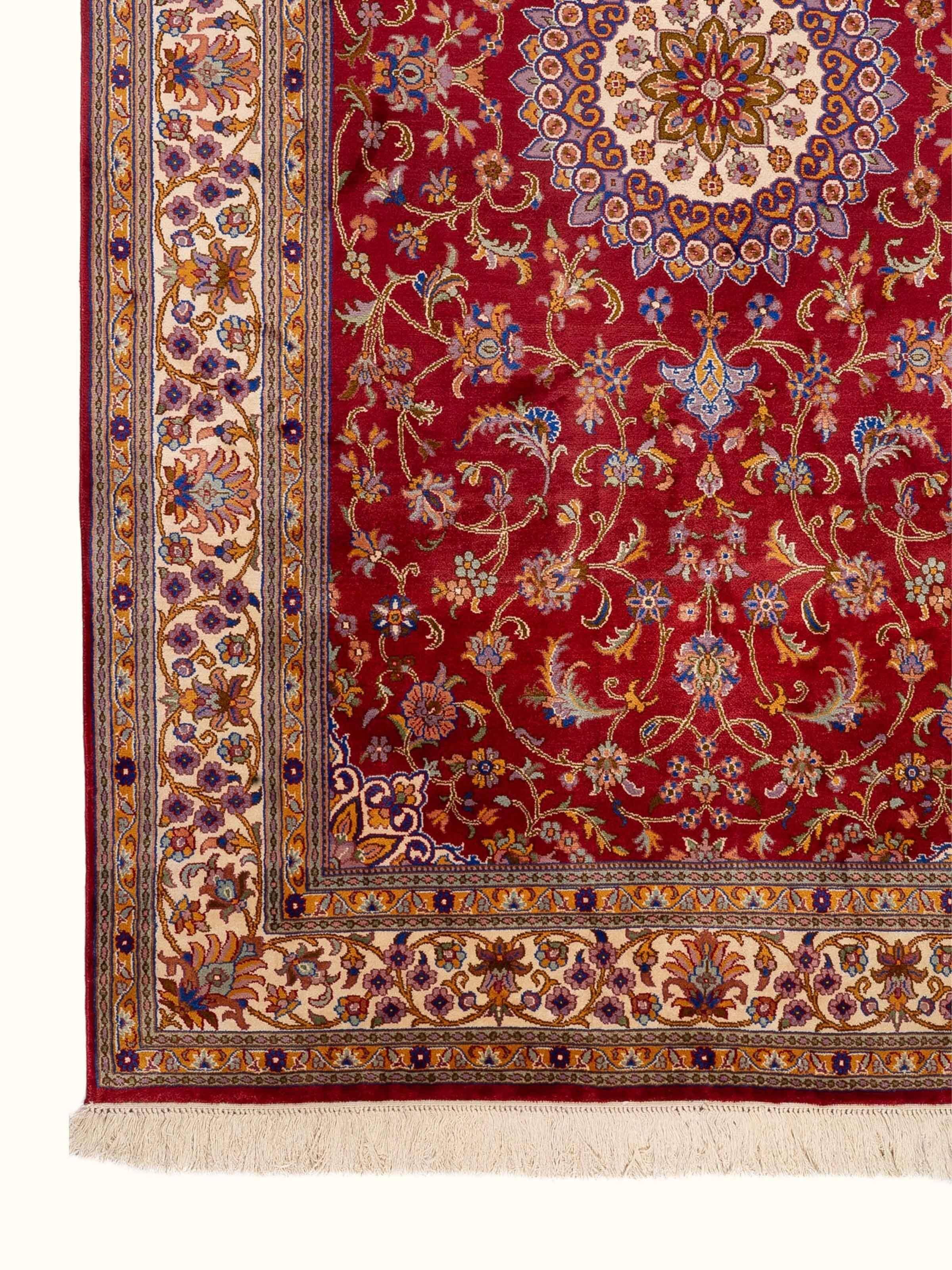 Traditional Persian Red Kashan Kashmir Silk Hand-Knotted Carpet