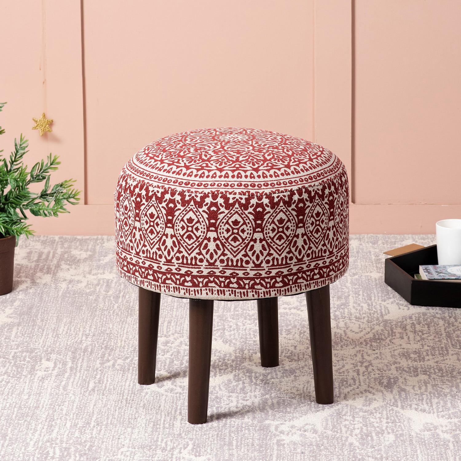 Botanic Fabric Wooden Ottoman in Red Color - Nestroots
