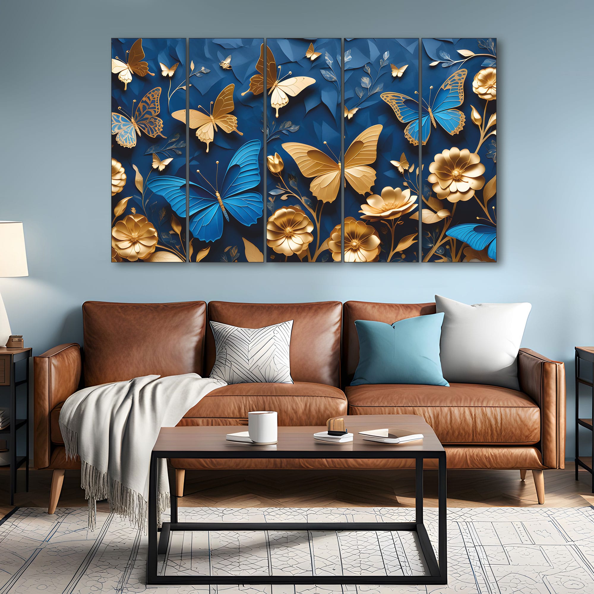 The Castle Decor Golden Butterfly Wall Art Set of 5 Wooden Framed Digital Painting 27x48 Inch - The Castle Decor