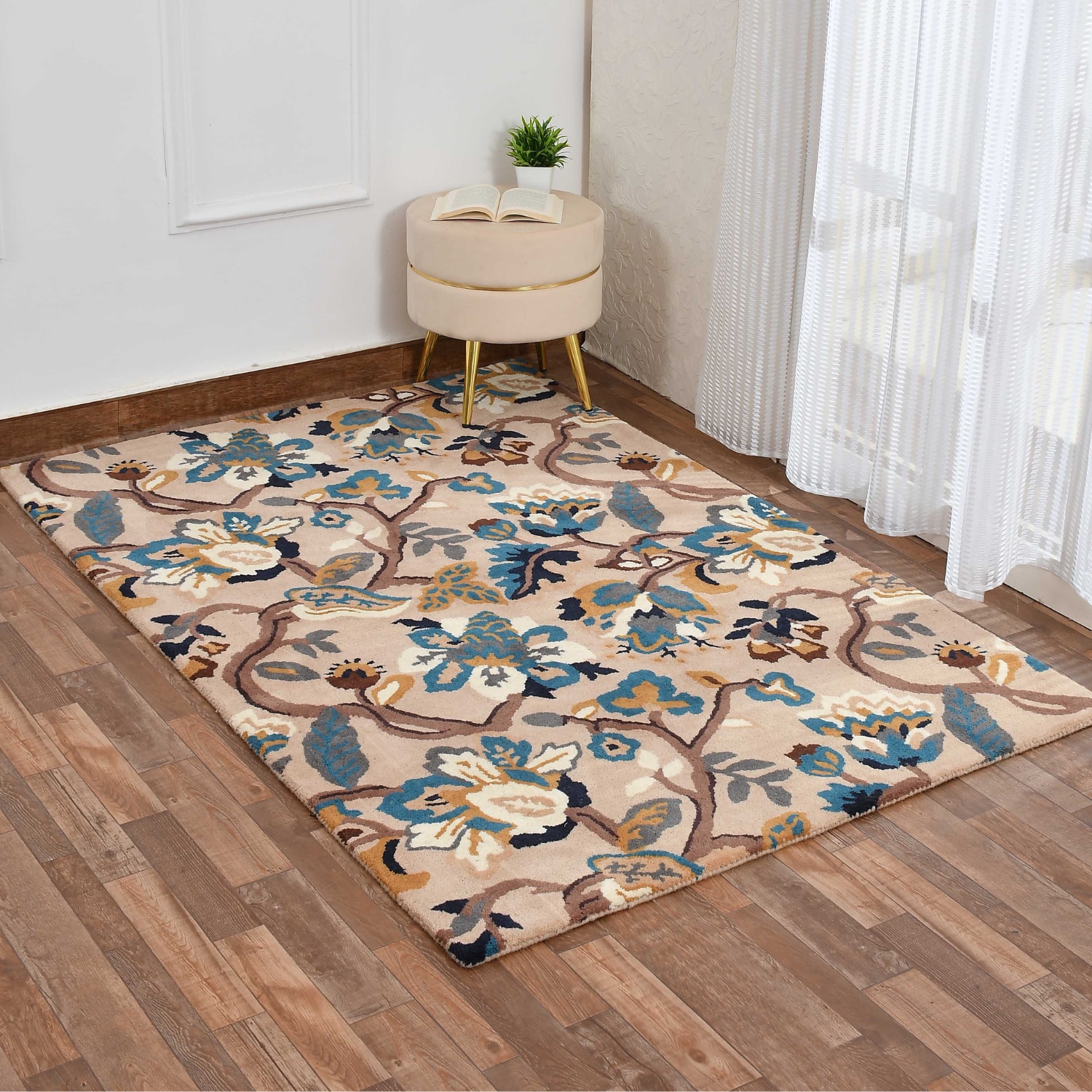 Presto Beige Floral Hand Tufted Wool Carpet 4X6 Feet - Presto