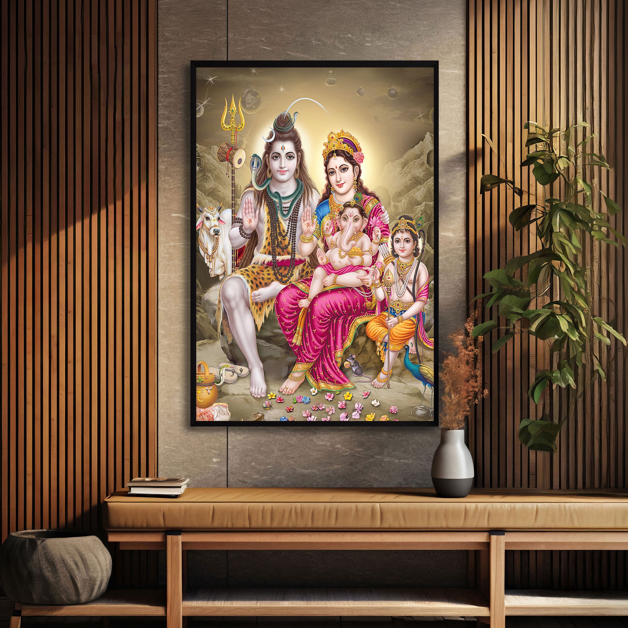 The Castle Decor Lord Shiva Parivar Wall Painting Framed Artwork 20x30 Inch Style 5