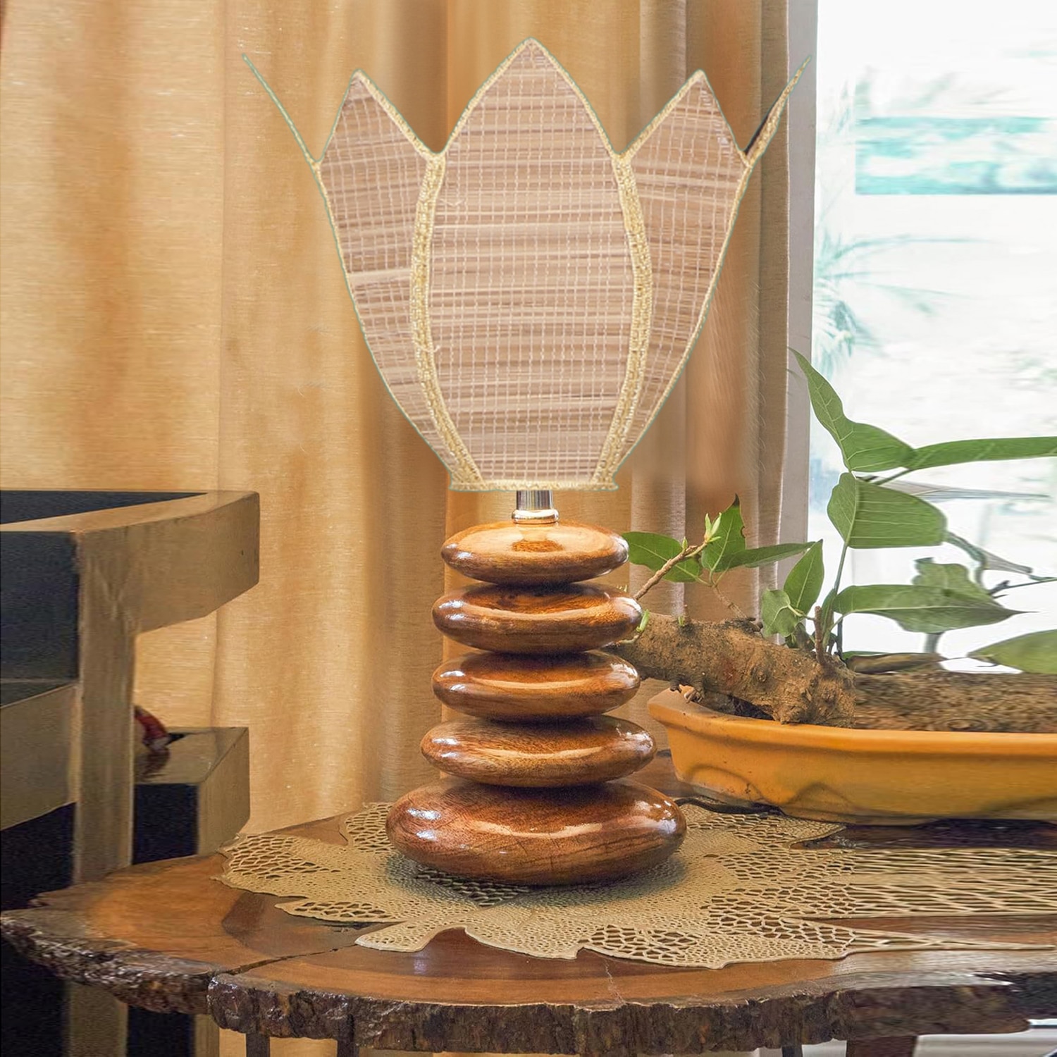 Devansh Rose Bamboo  Table Lamp With Wood Pebble Lamp (12X12X19.25) Inches - Devansh