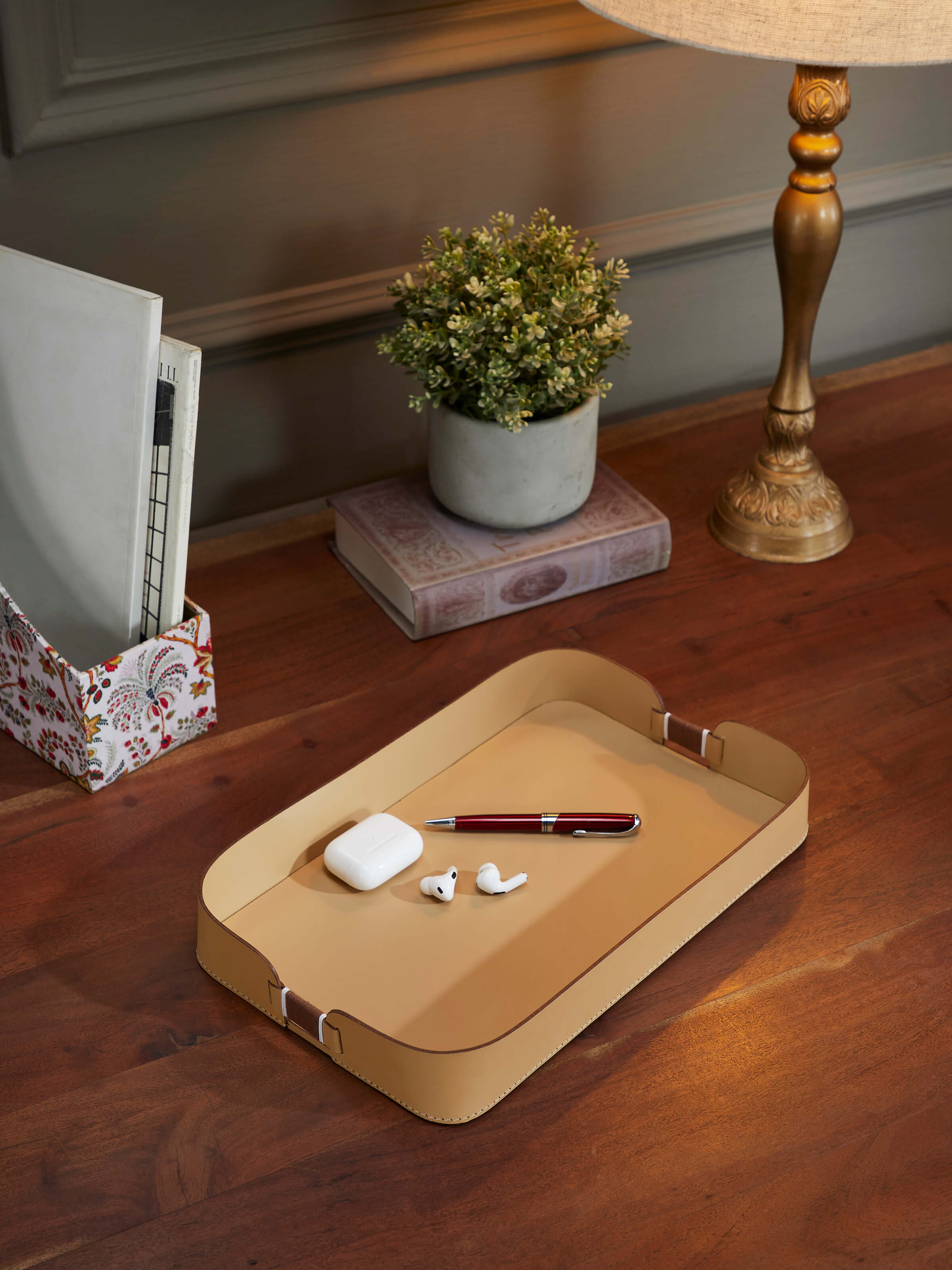 Side view of Leather Desk Organiser Tray showing the elegant stitching and refined leather material