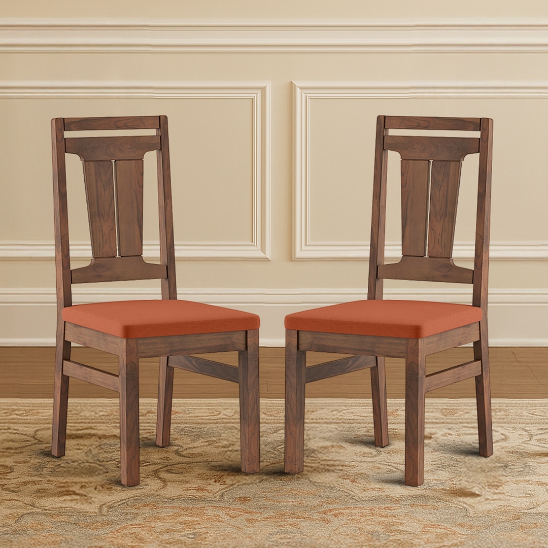 Tessa Solid Wood Dining Chair In Sienna Teak Finish With Burnt Orange Colour Fabric