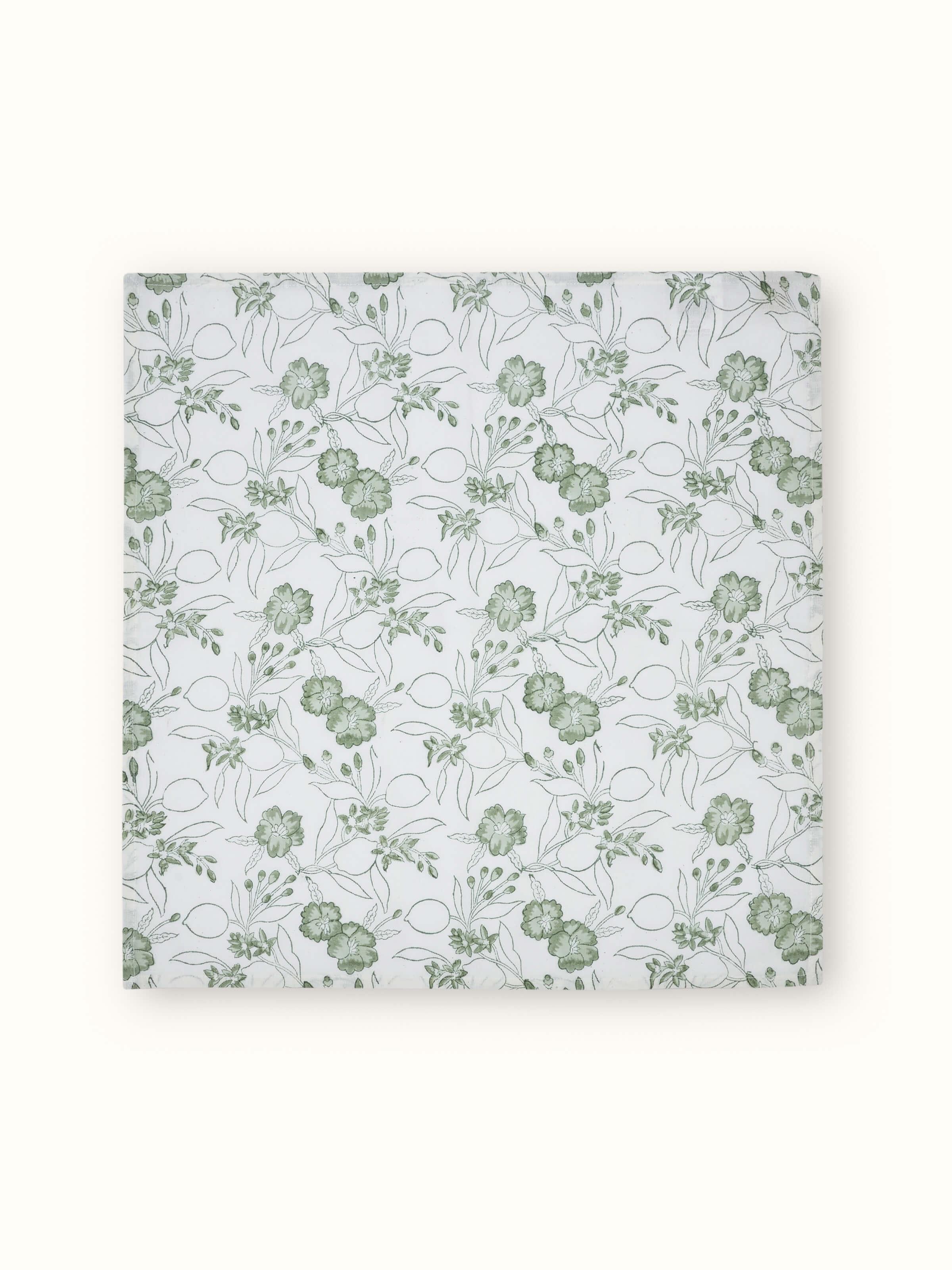 Front view showcasing the green floral hand block print on cotton linen dinner napkins (6 pieces)