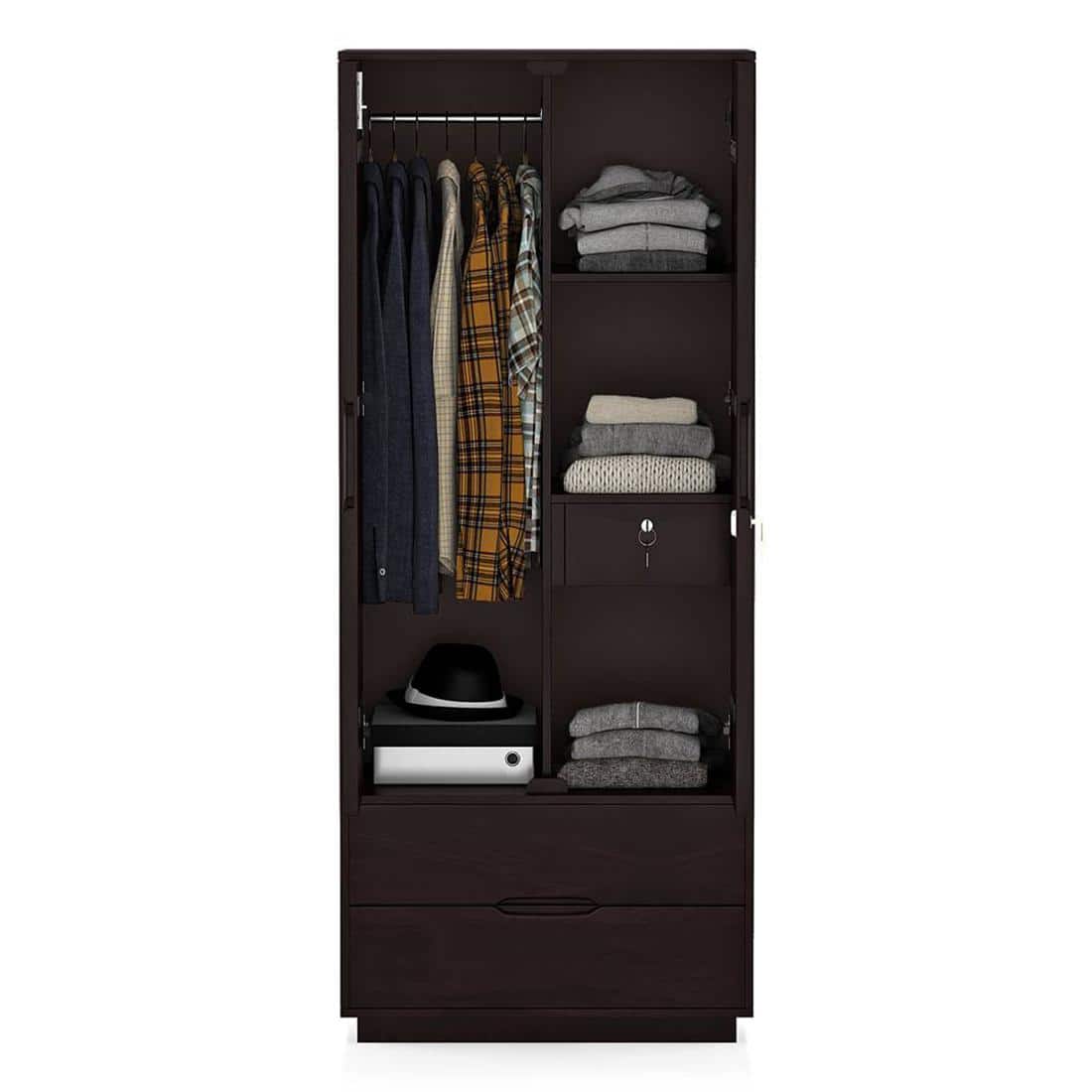 Zephyr Solid Wood 2 Door Wardrobe in Mahogany Finish