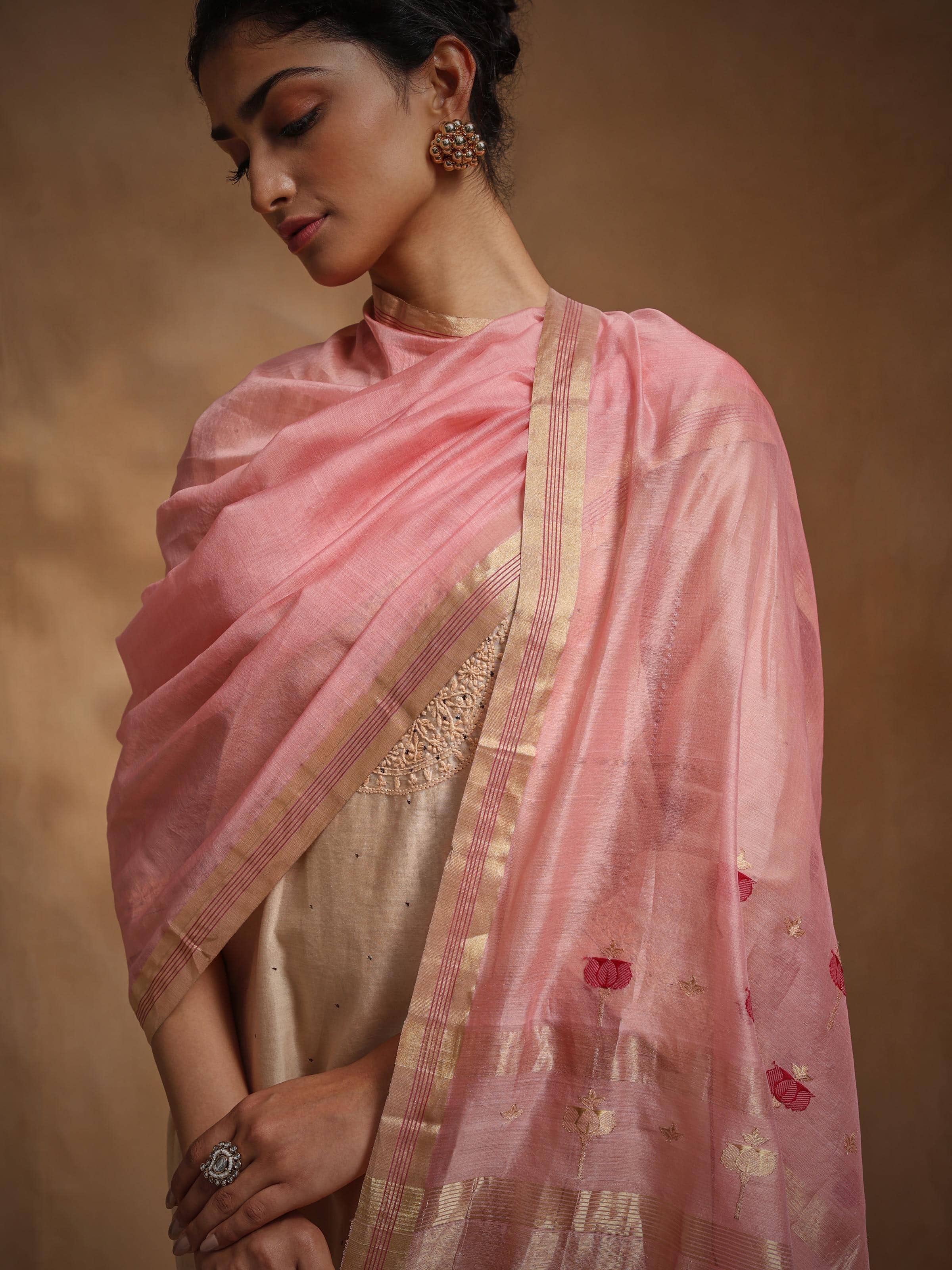 Soft pastel pink Chanderi dupatta with elegant flow and texture