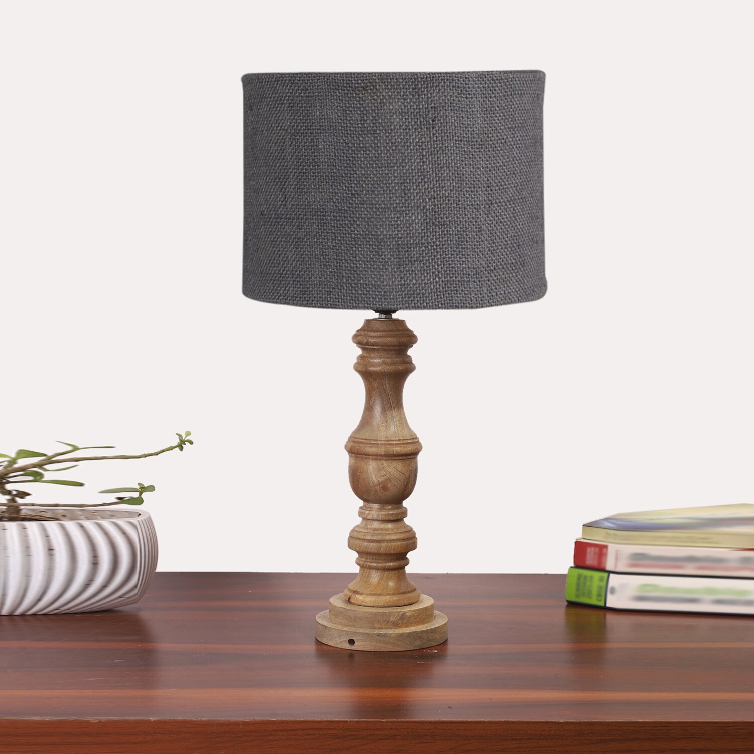 Devansh Grey Jute   Table Lamp With  Wood Natural Base (7X17.5 Inches)-17
