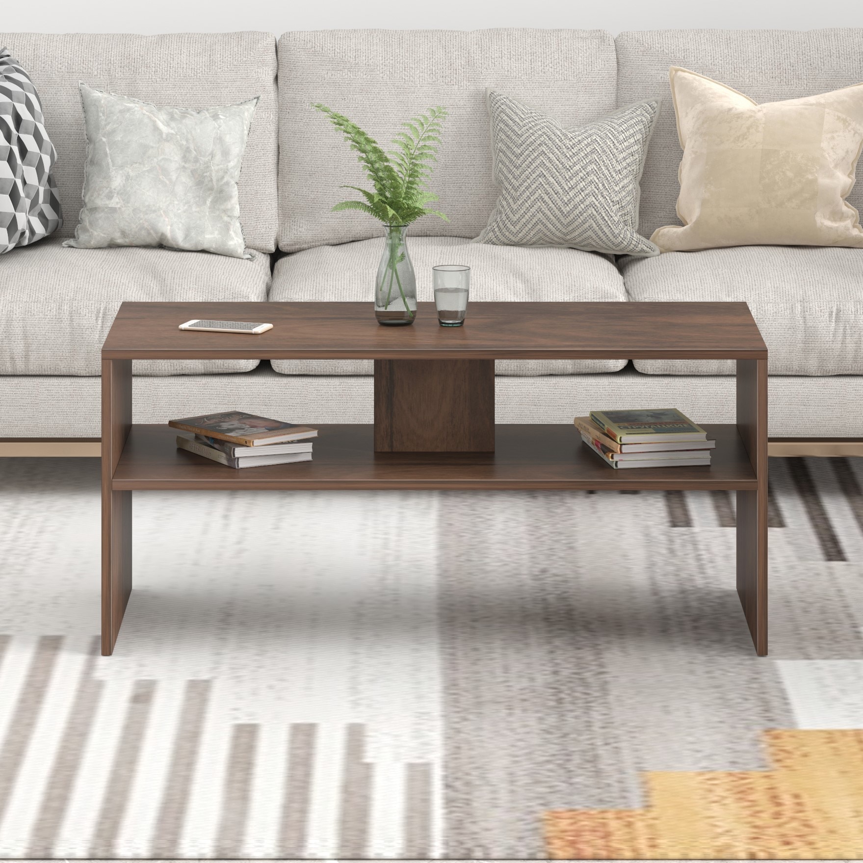 BLUEWUD Oliver Engineered Wood Coffee Center Sofa Tea/Teapoy Console Table with Storage for Sofa Set Living Room Home Hall (Brown Maple)