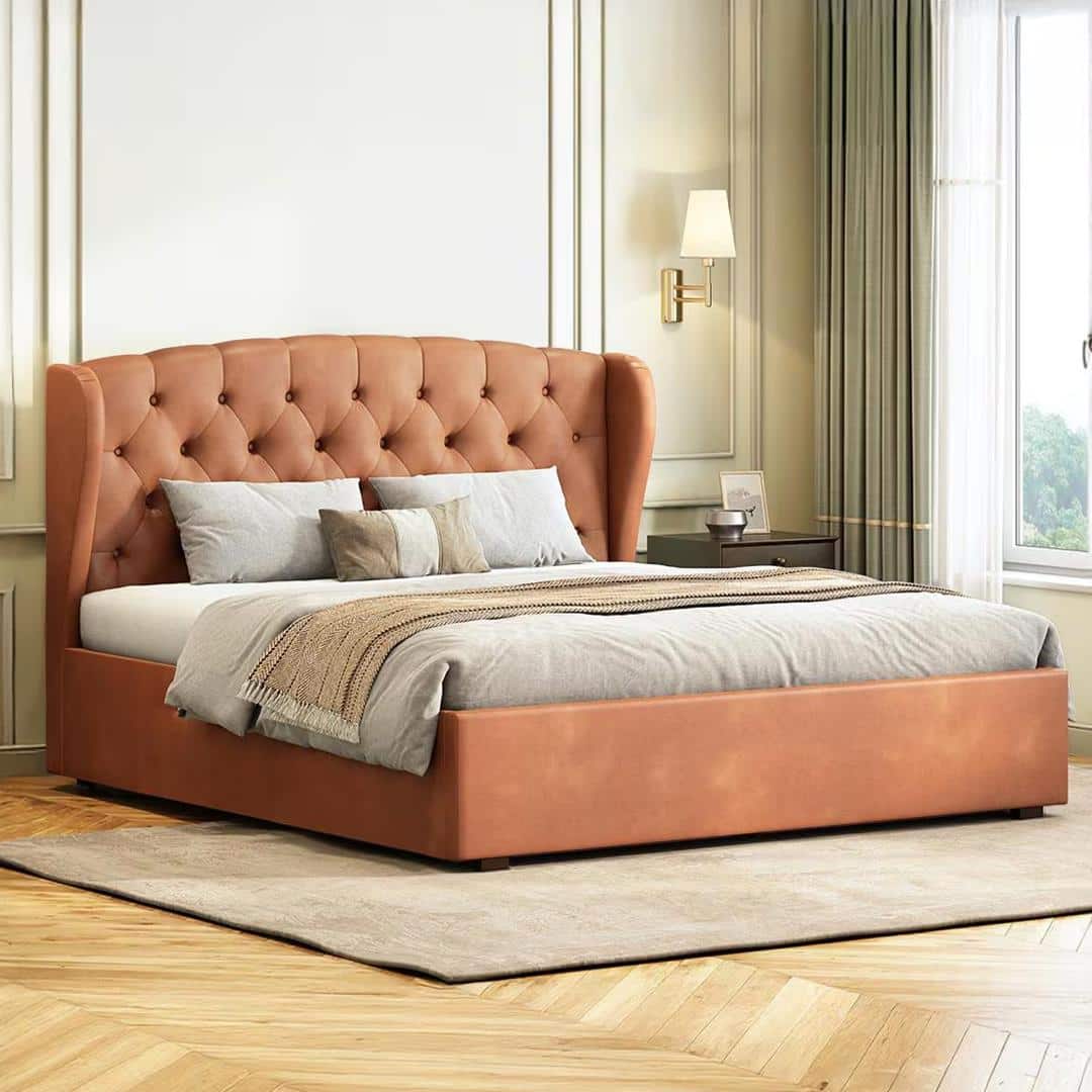 Holmebrook Upholstered Storage Bed In Hydraulic in King Size with Tan Leatherette Colour