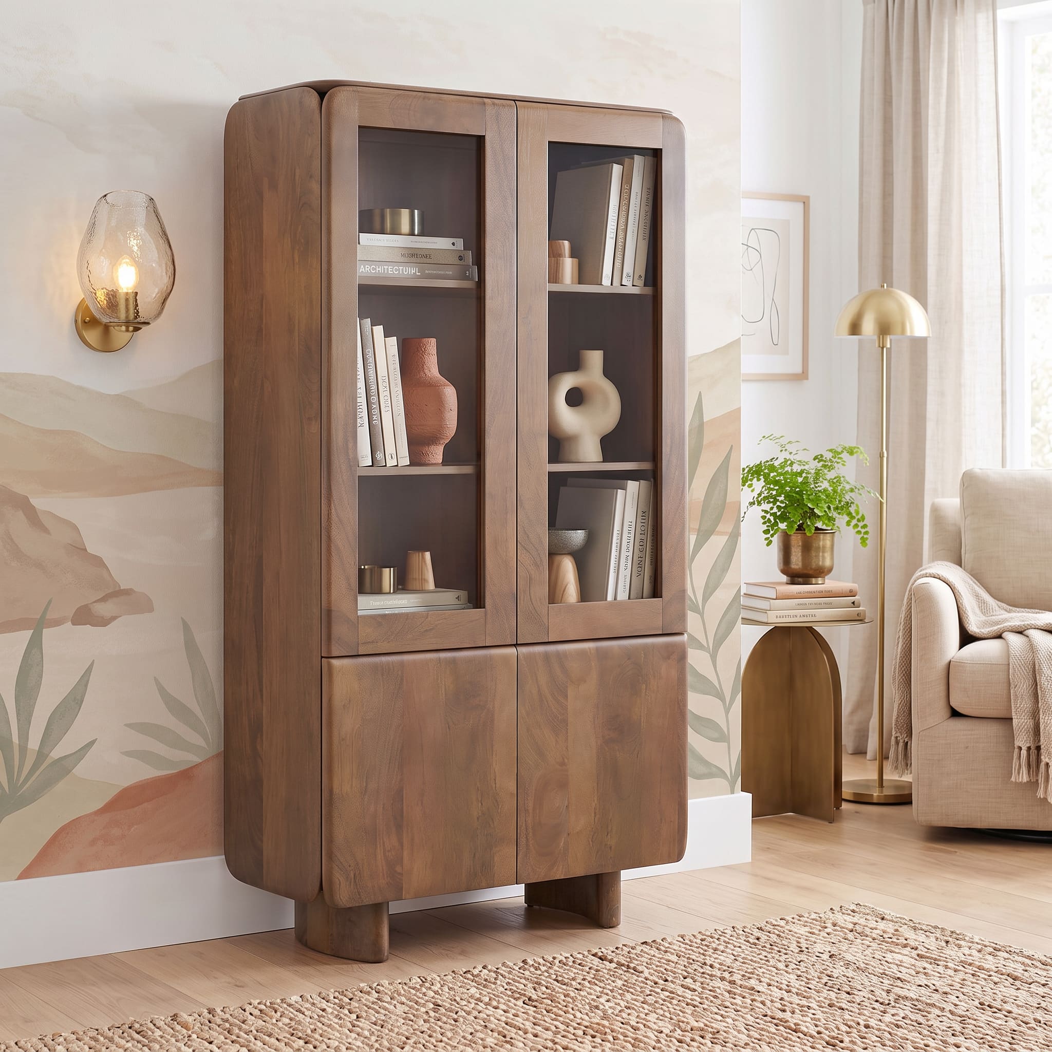 Olen Solid Wood Display cum Bookshelf In Amber Walnut Finish