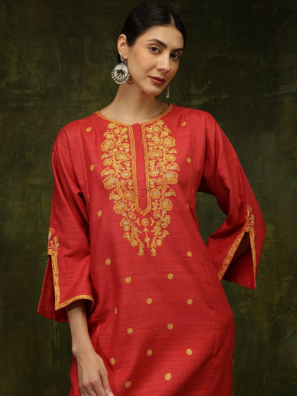 Coral Silk Crewel Embroidered A-Line Kurta