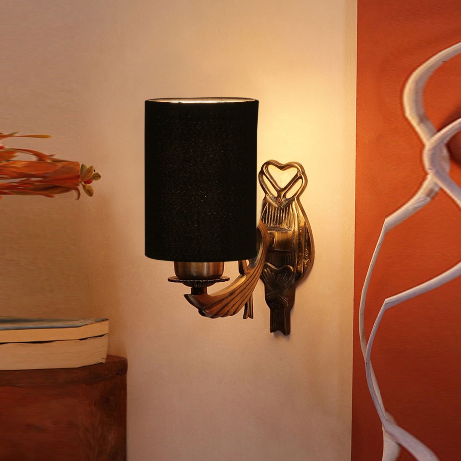 Devansh Metal Electric Wall Light in Antique Gold Colour with Black Shade Count of 1 Light - Devansh