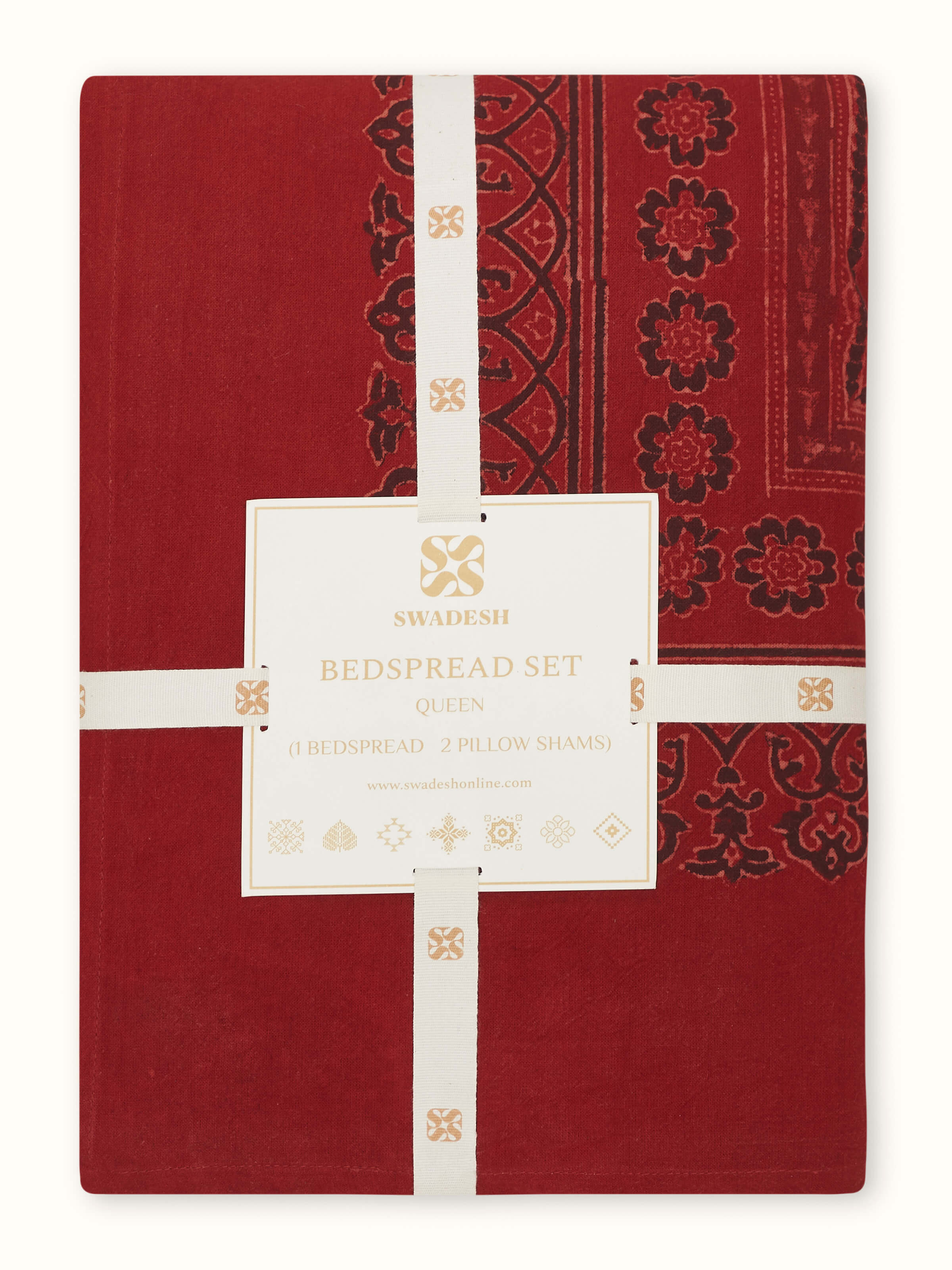 Detailed view of Sindh maroon jaal cotton ajrakh block printed queen bedspread set (3 pcs) focusing on the color and block print design.