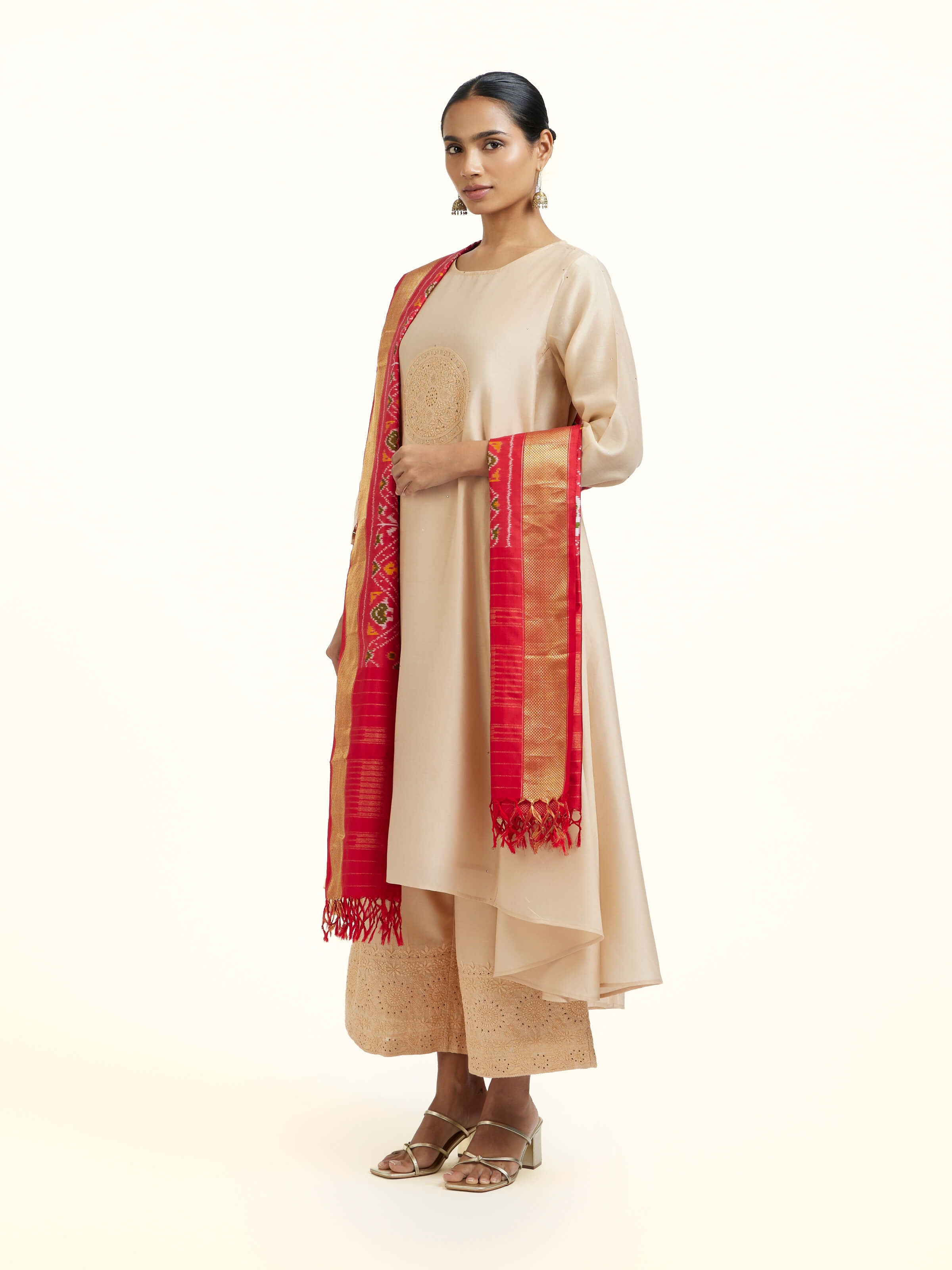 Red Silk Pochampally Weft Ikat Dupatta