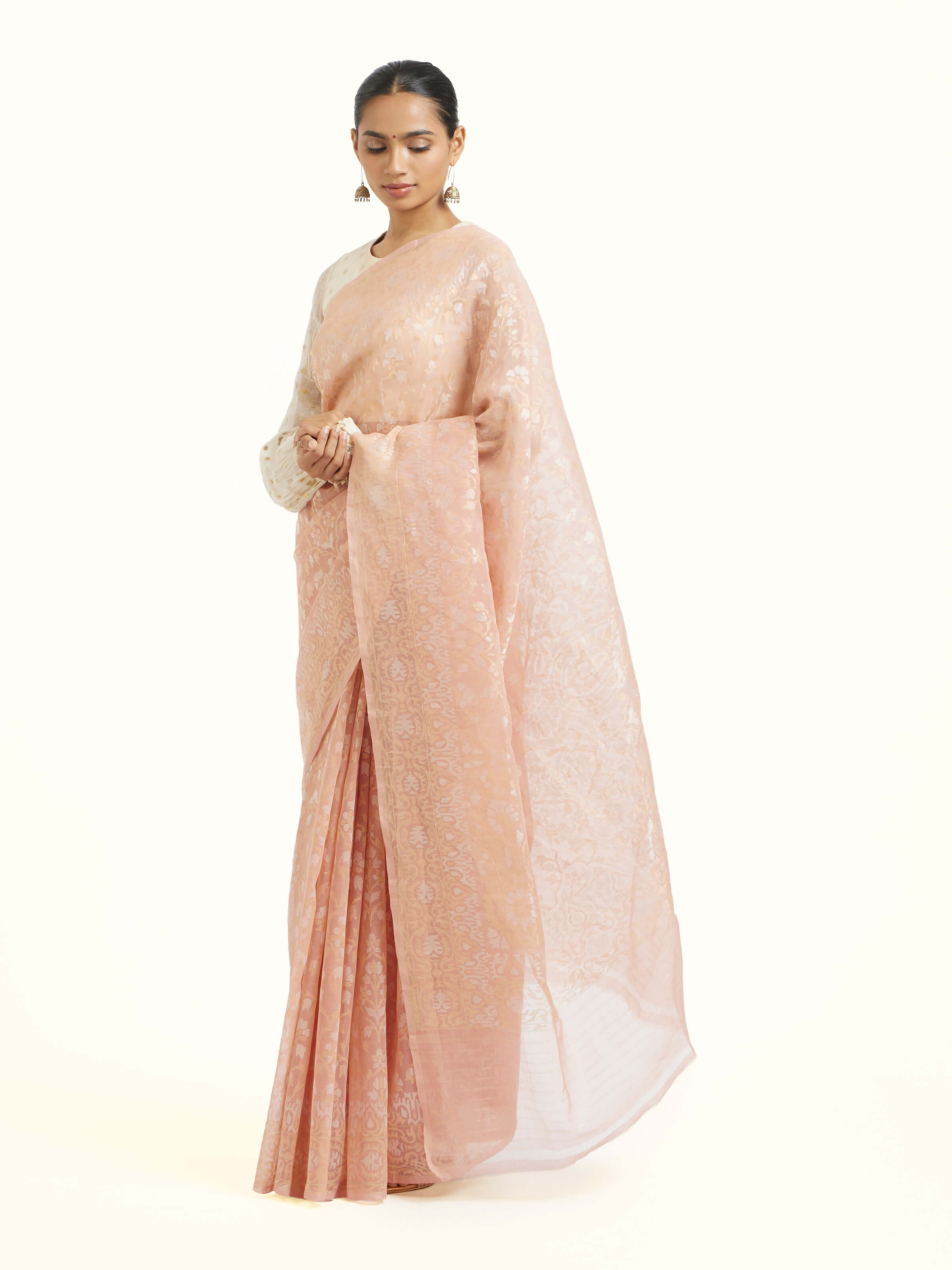 Tan Cotton Awadh Jamdani Banarasi Saree