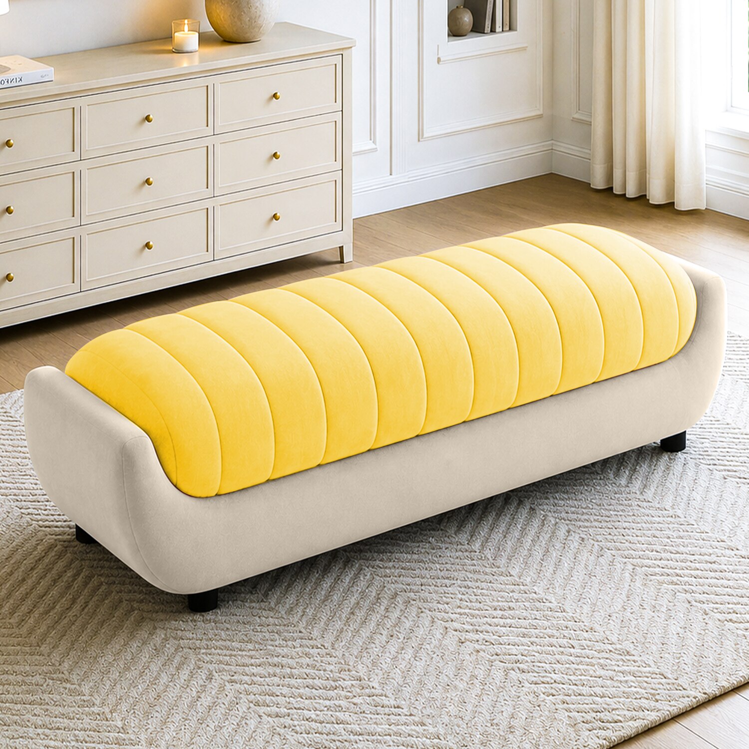 Marko Velvet 2 Seater 4 Feet Ottoman Bench in Yellow & Cream  Color - Home Lifestylez
