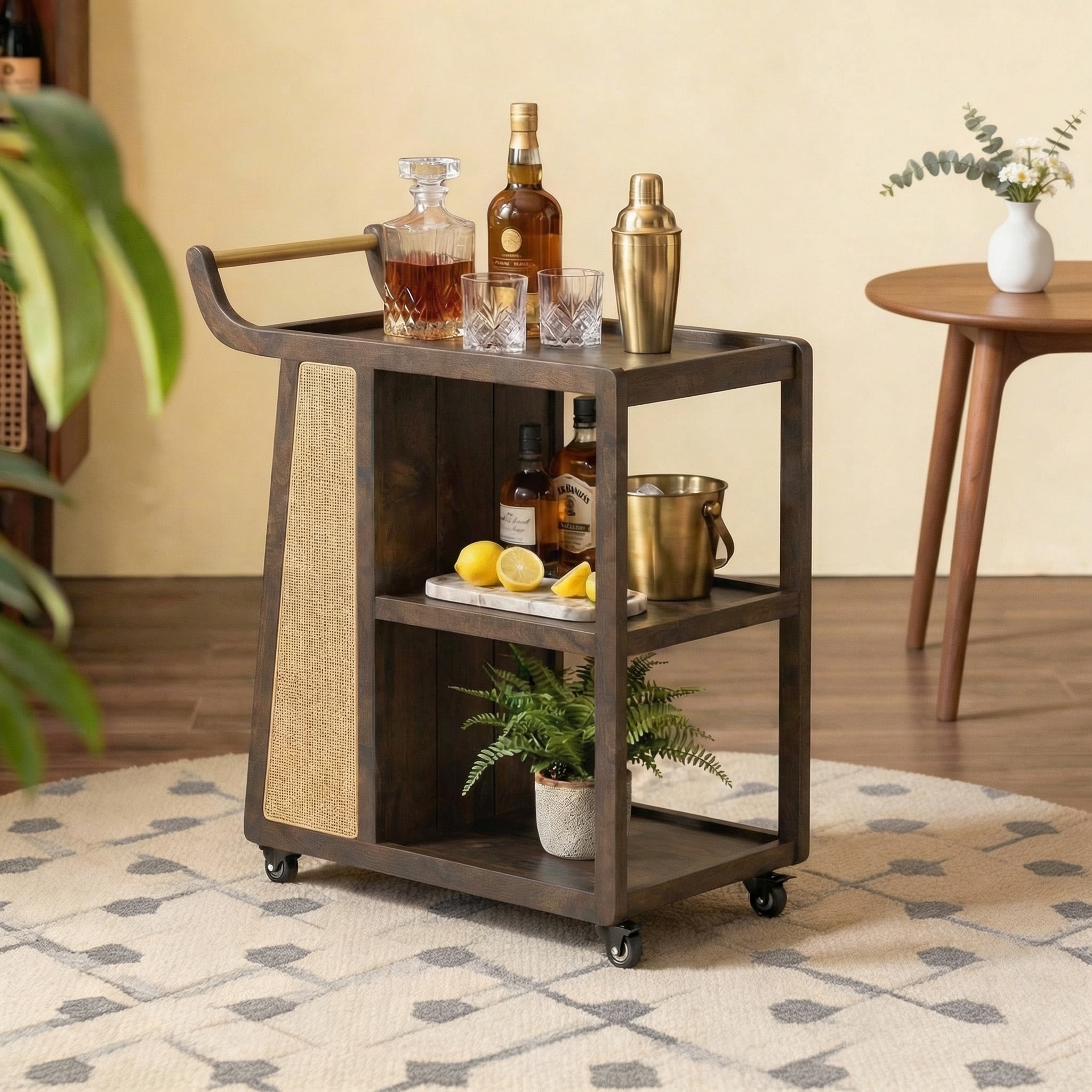 Yura Solid Wood And Cane Bar Trolley (Danish Walnut Finish)