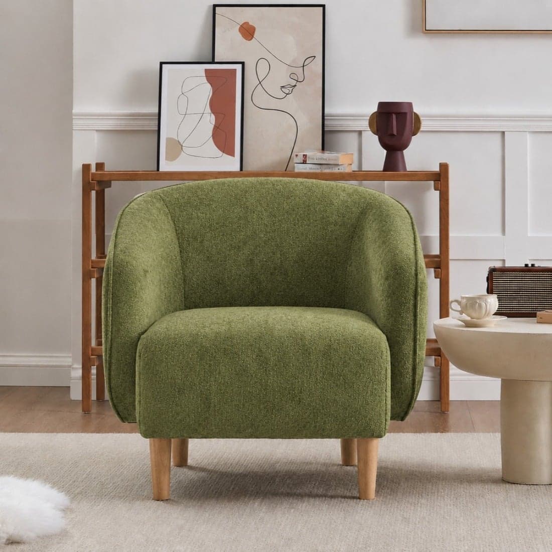 Okla Boucle Curved Barrel Accent Chair Green Colour